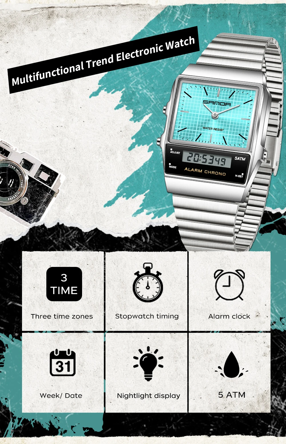 SANDA Fashion Quartz Digital Men's Watch Waterproof Casual Watch Wear-resistant Stainless Steel Couple Strap Watch