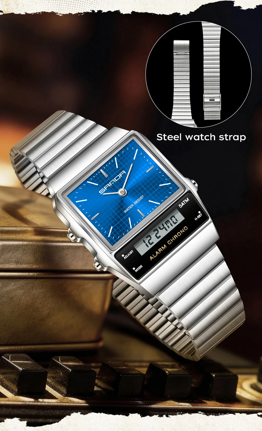 SANDA Fashion Quartz Digital Men's Watch Waterproof Casual Watch Wear-resistant Stainless Steel Couple Strap Watch