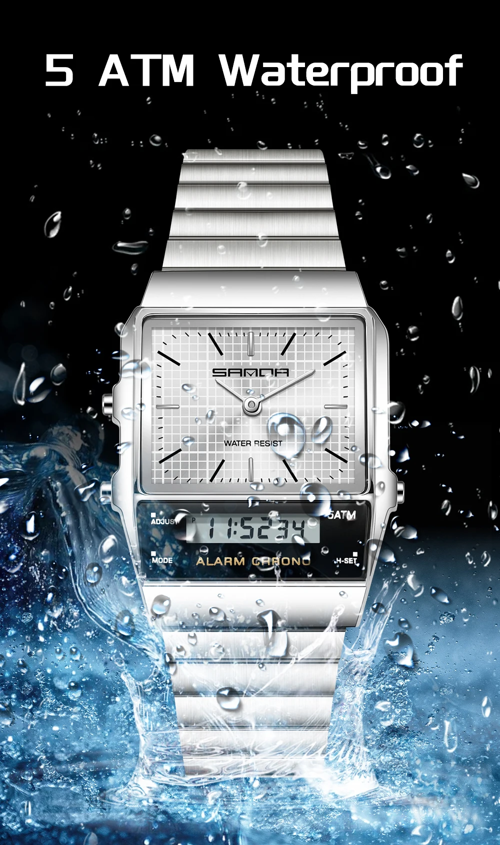 SANDA Fashion Quartz Digital Men's Watch Waterproof Casual Watch Wear-resistant Stainless Steel Couple Strap Watch