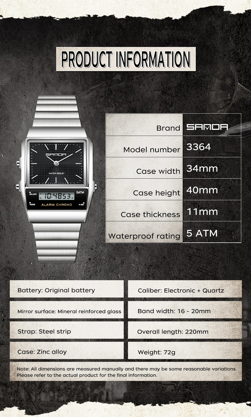 SANDA Fashion Quartz Digital Men's Watch Waterproof Casual Watch Wear-resistant Stainless Steel Couple Strap Watch