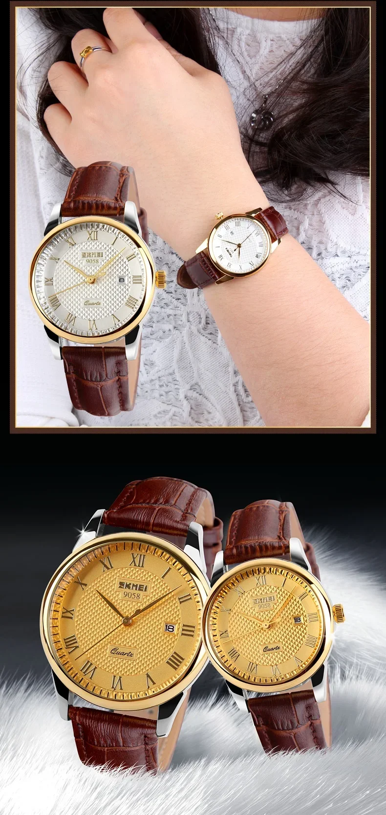 SKMEI 9058 Lovers Quartz Watch Love Witness Time Women Men Leather Strap Sports Waterproof Wristwatches Date Clock Reloj Hombre
