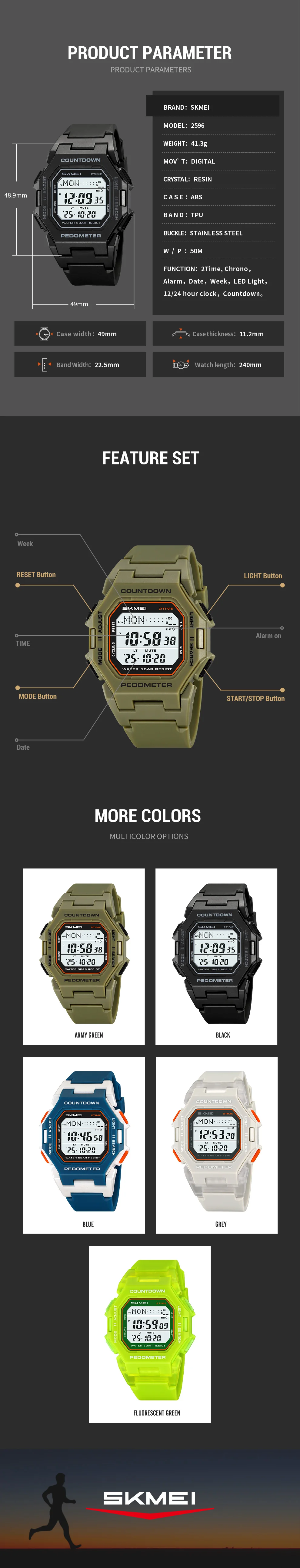 SKMEI 2596 Sports Digital Watches Men Women Electronic Wristwatch 50M Waterproof Clock LED For Sports Lovers Outdoor Casual Wear