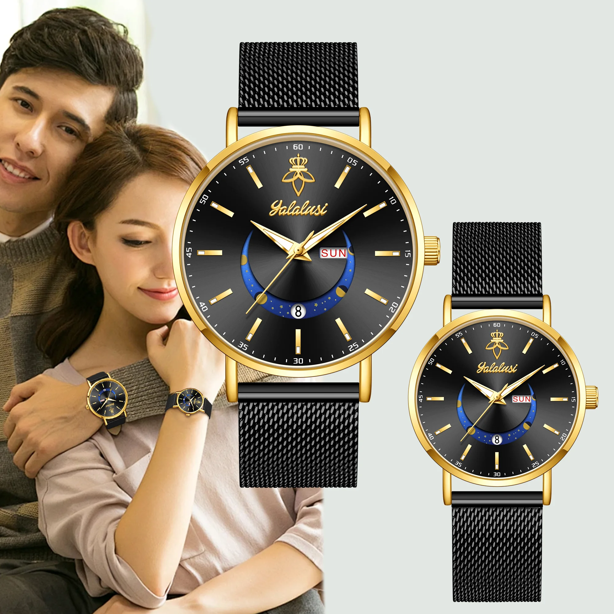 YaLaLuSi Stylish Men's and Women's Minimalist Casual Watches with Calendar and Smiley Face Design—Couple's Watches Reloj