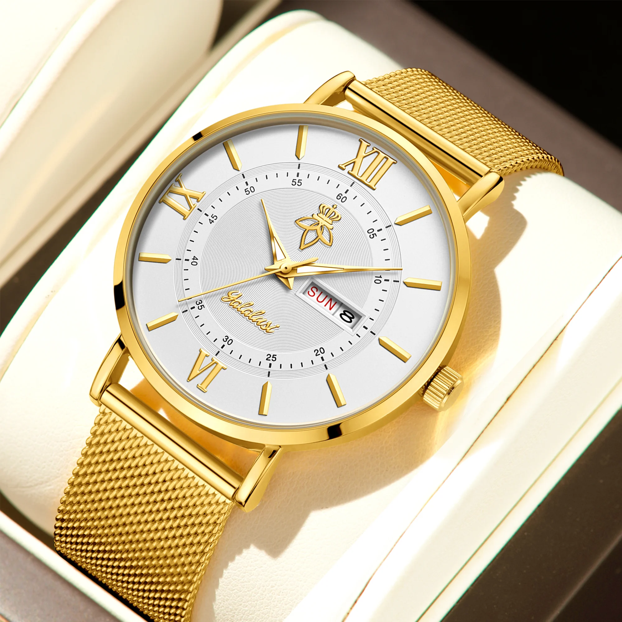 YaLaLuSi Stylish, Minimalist Unisex Watch with Date Display; Milanese Mesh Strap Couple’s Quartz Watch Reloj