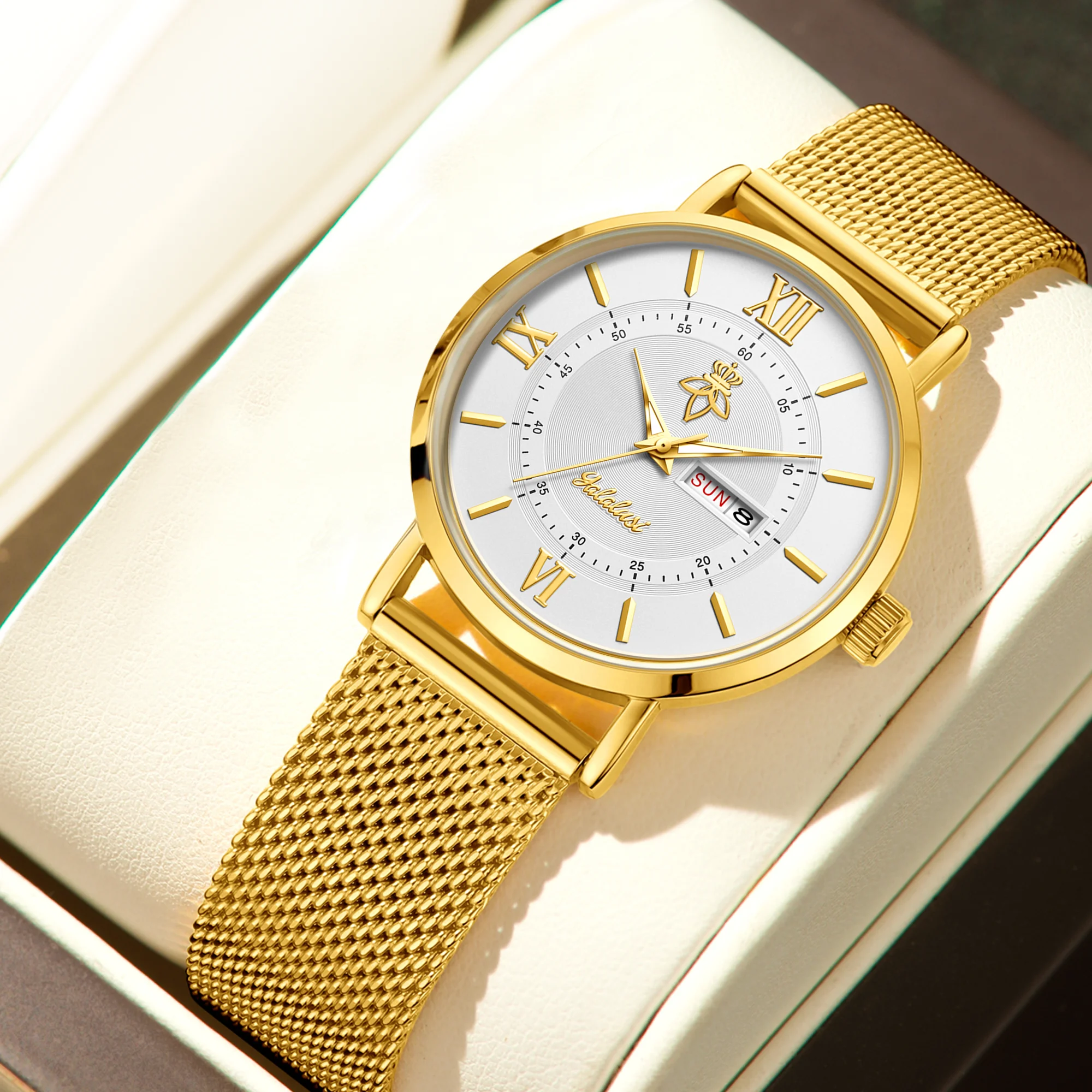 YaLaLuSi Stylish, Minimalist Unisex Watch with Date Display; Milanese Mesh Strap Couple’s Quartz Watch Reloj