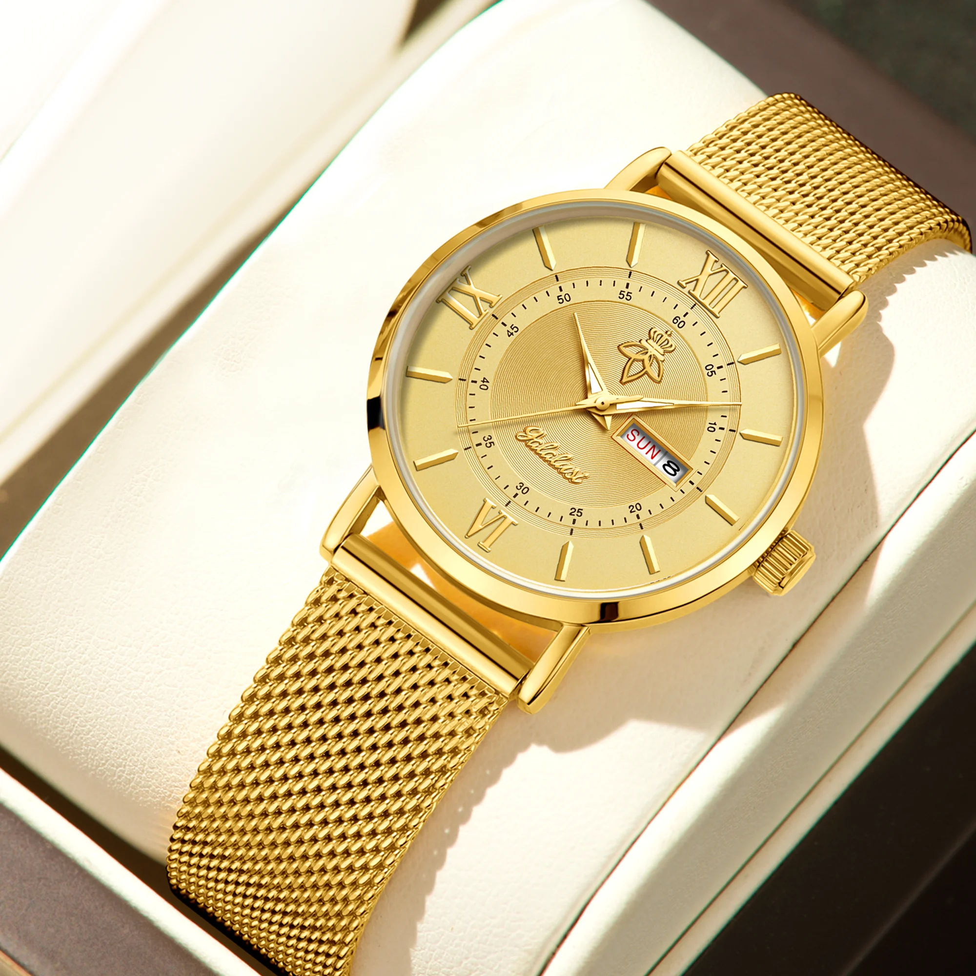 YaLaLuSi Stylish, Minimalist Unisex Watch with Date Display; Milanese Mesh Strap Couple’s Quartz Watch Reloj