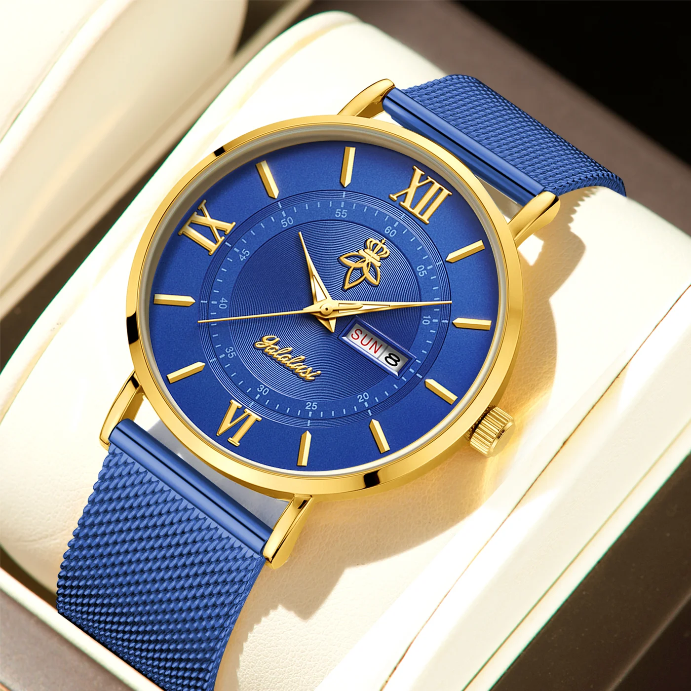 YaLaLuSi Stylish, Minimalist Unisex Watch with Date Display; Milanese Mesh Strap Couple’s Quartz Watch Reloj