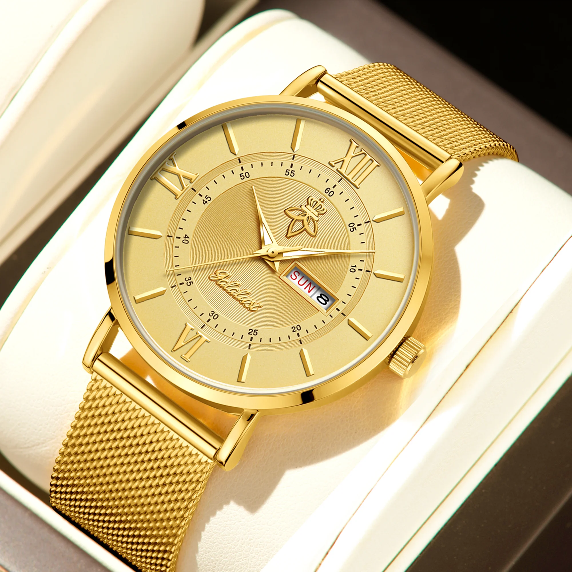 YaLaLuSi Stylish, Minimalist Unisex Watch with Date Display; Milanese Mesh Strap Couple’s Quartz Watch Reloj
