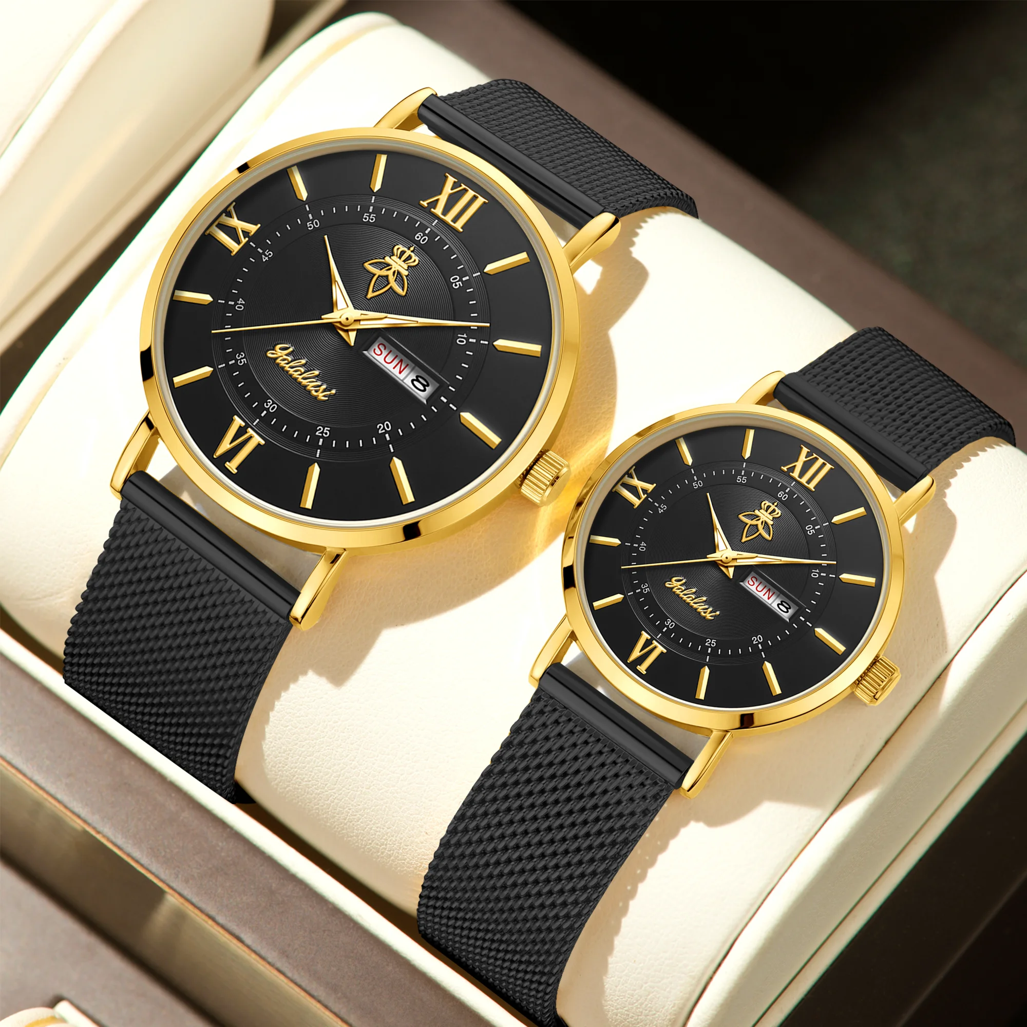 YaLaLuSi Stylish, Minimalist Unisex Watch with Date Display; Milanese Mesh Strap Couple’s Quartz Watch Reloj