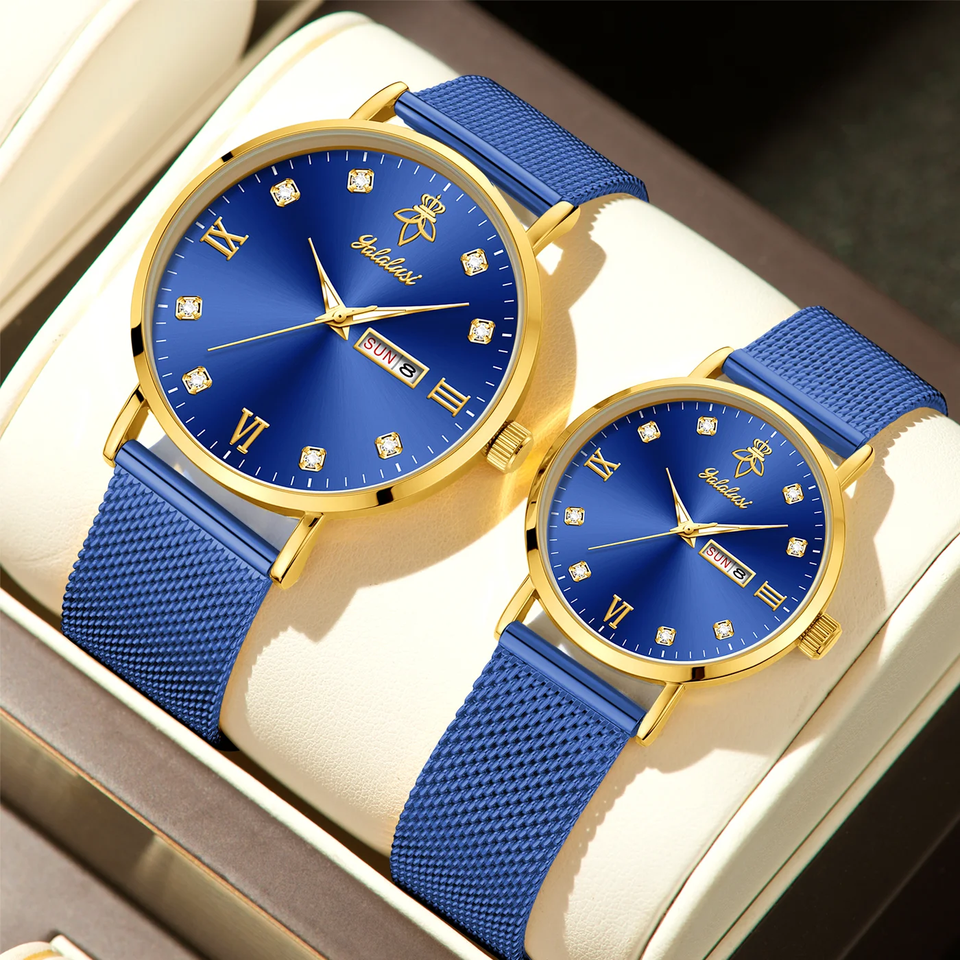 YaLaLuSi Fashionable Diamond-Set Roman Numeral Date Display Unisex Couple’s Quartz Wristwatch Reloj