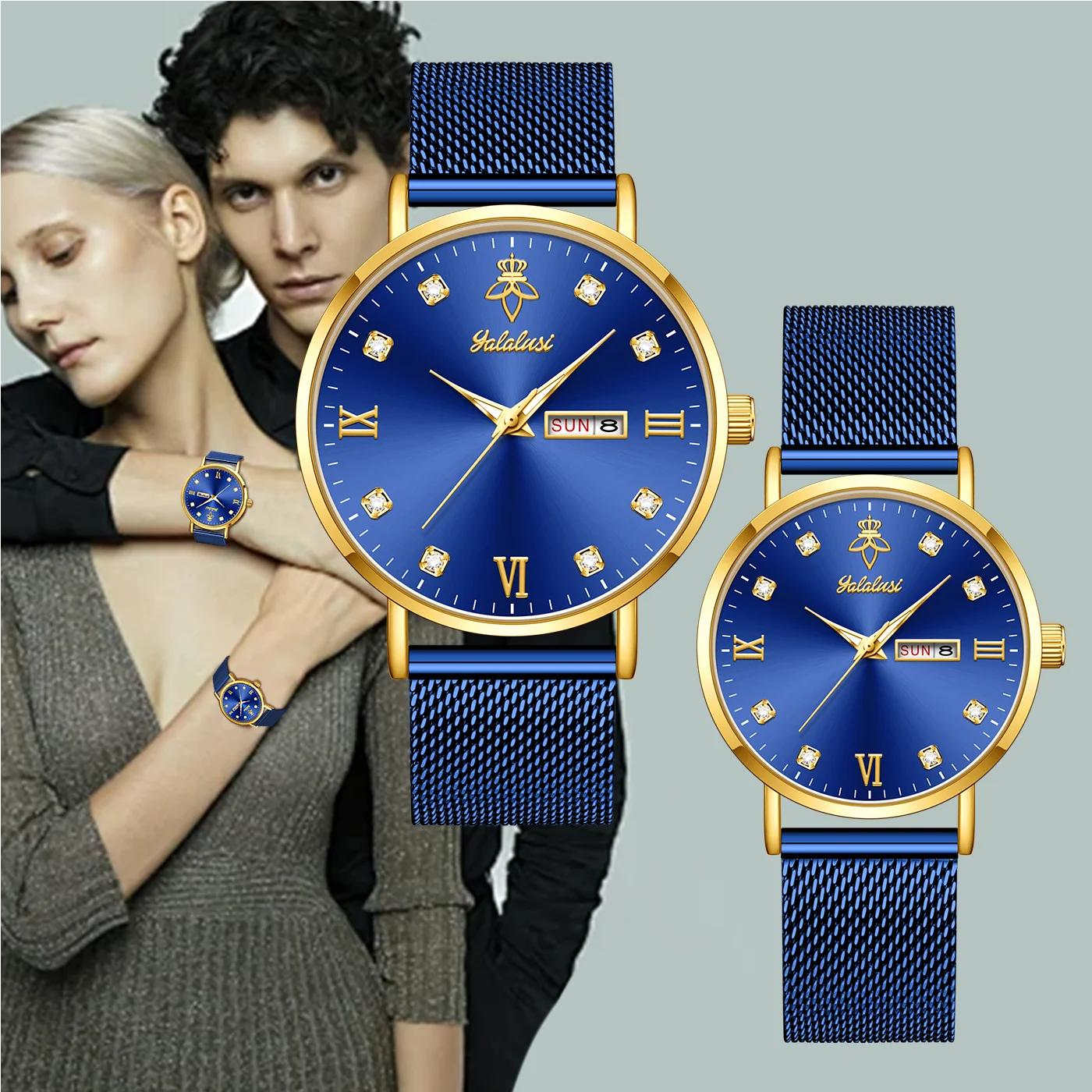 YaLaLuSi Fashionable Diamond-Set Roman Numeral Date Display Unisex Couple’s Quartz Wristwatch Reloj