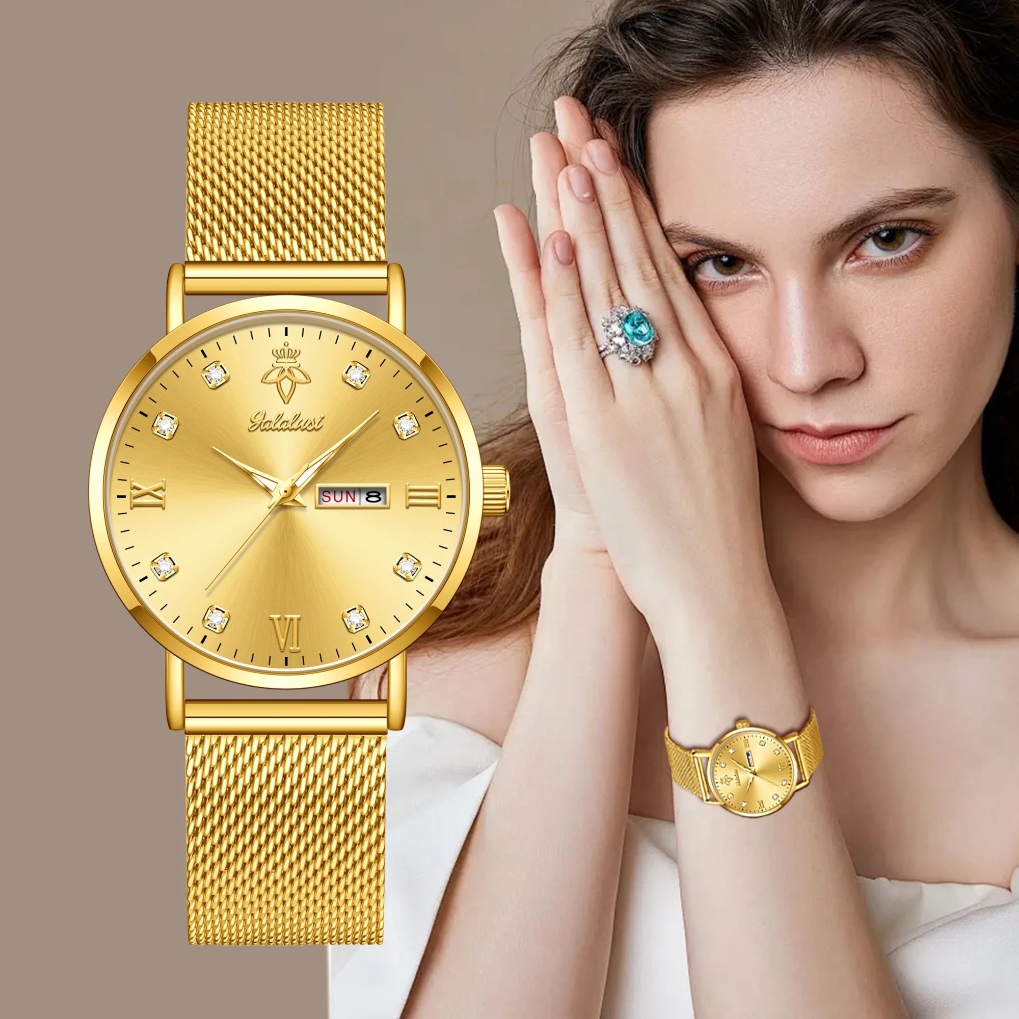 YaLaLuSi Fashionable Diamond-Set Roman Numeral Date Display Unisex Couple’s Quartz Wristwatch Reloj