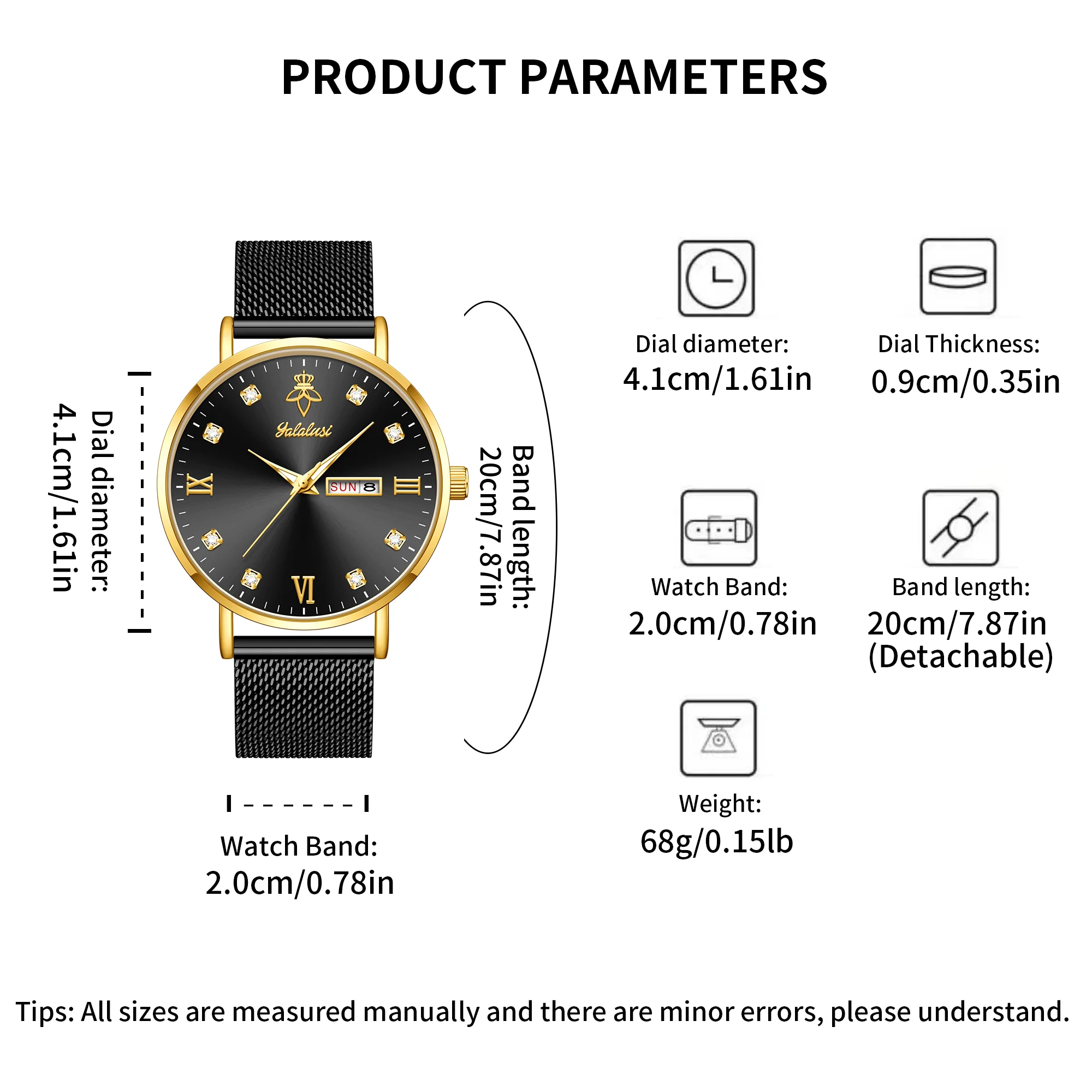 YaLaLuSi Fashionable Diamond-Set Roman Numeral Date Display Unisex Couple’s Quartz Wristwatch Reloj