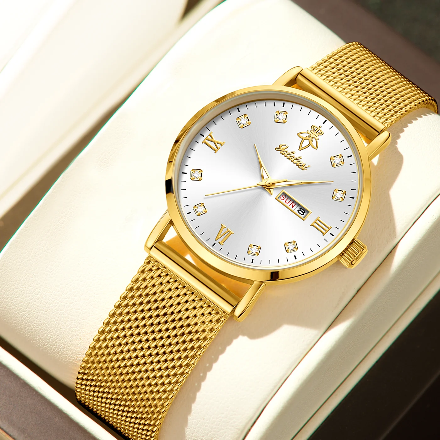 YaLaLuSi Fashionable Diamond-Set Roman Numeral Date Display Unisex Couple’s Quartz Wristwatch Reloj