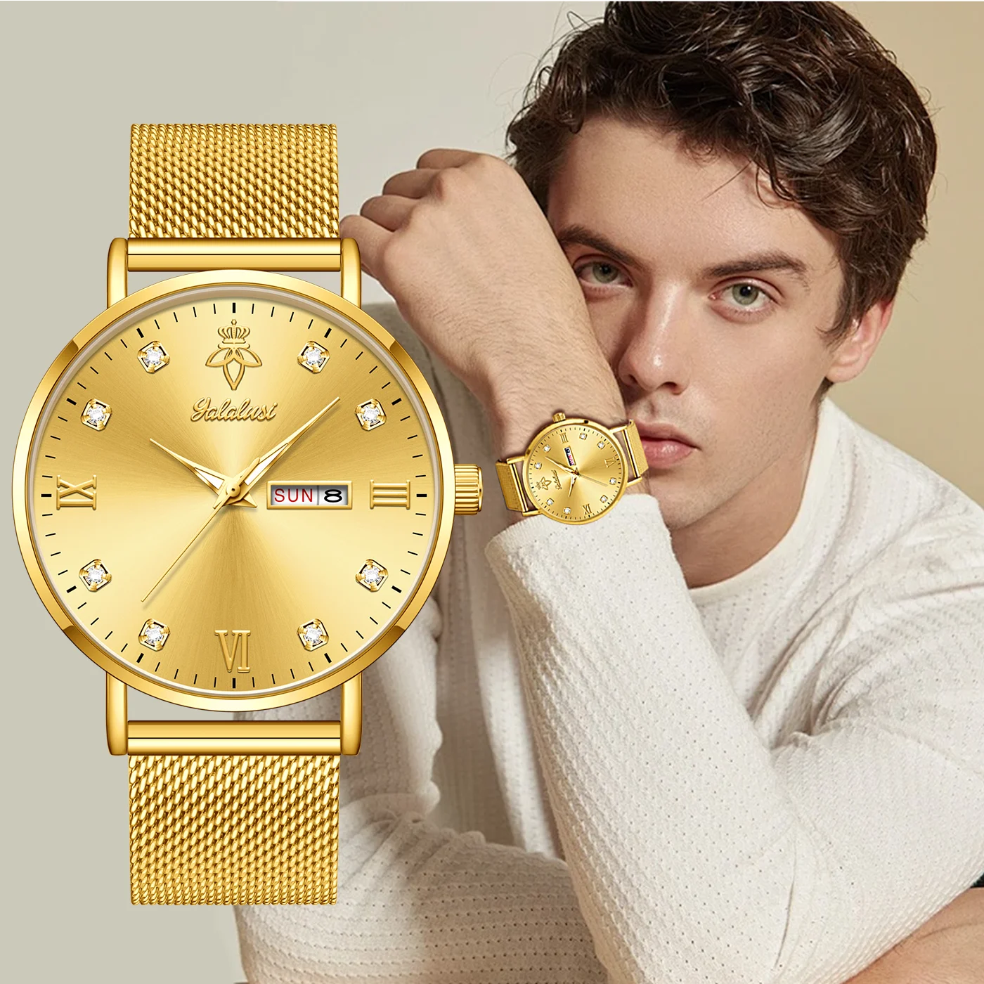 YaLaLuSi Fashionable Diamond-Set Roman Numeral Date Display Unisex Couple’s Quartz Wristwatch Reloj