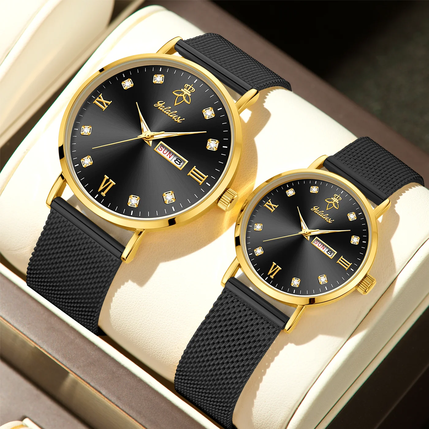 YaLaLuSi Fashionable Diamond-Set Roman Numeral Date Display Unisex Couple’s Quartz Wristwatch Reloj