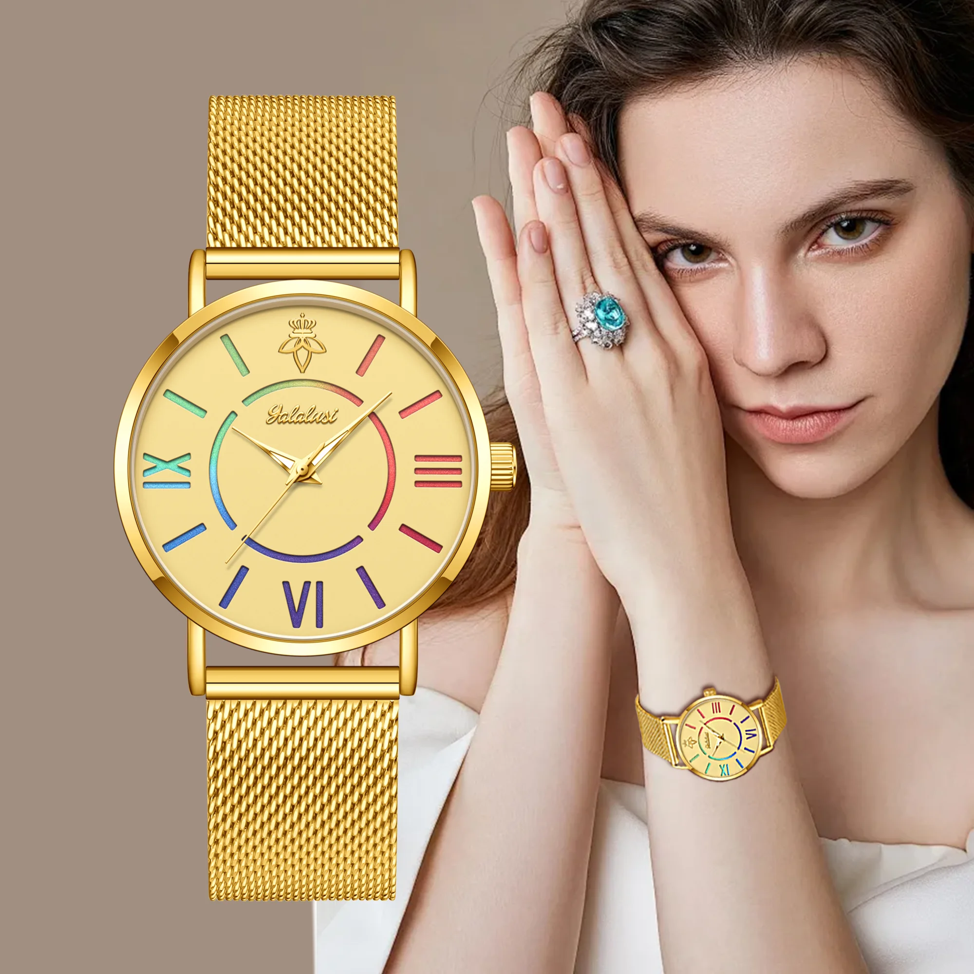 YaLaLuSi Rainbow Roman Numeral Men’s and Women’s Watches with Steel Straps – Quartz Wristwatches – Couples’ Watches – Gifts