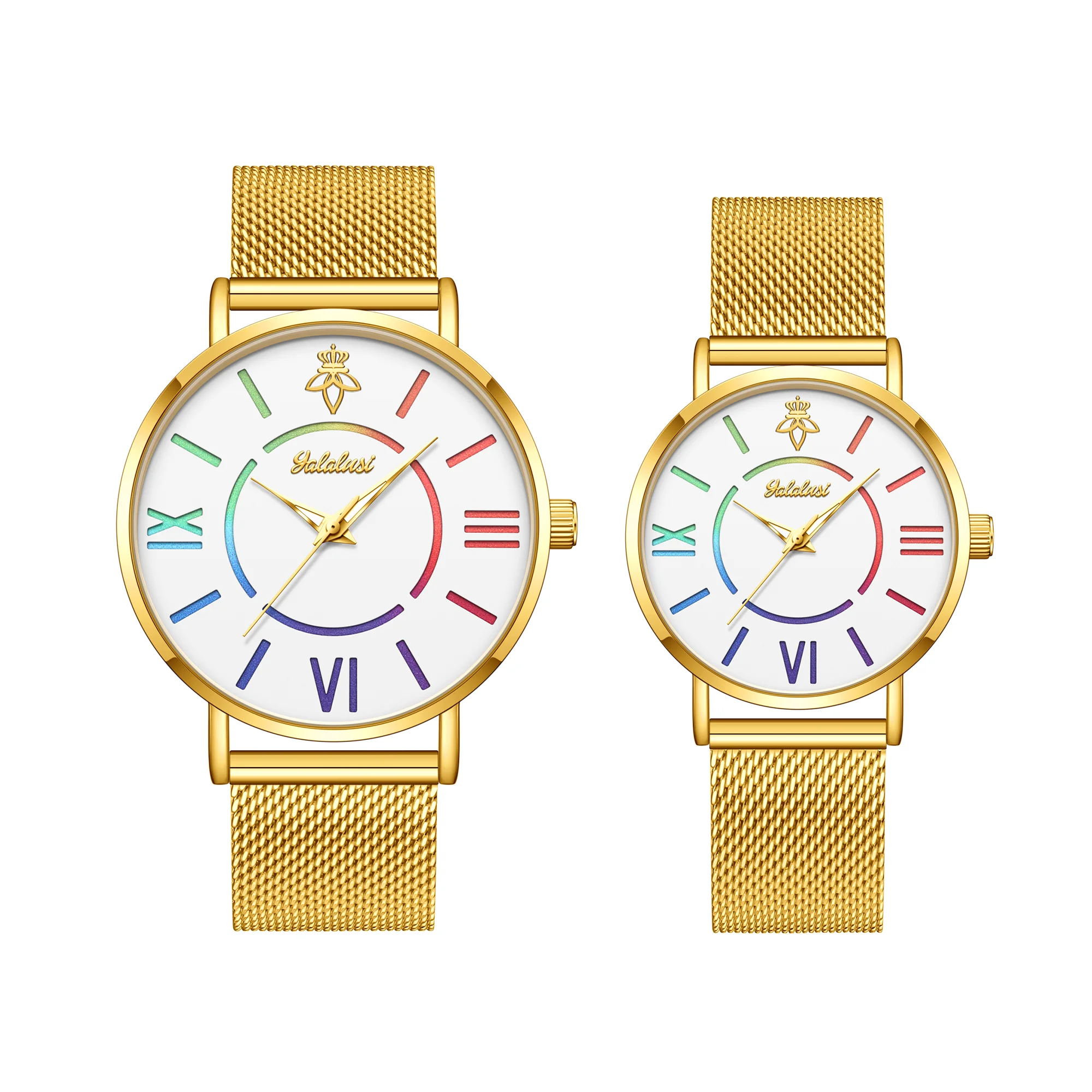 YaLaLuSi Rainbow Roman Numeral Men’s and Women’s Watches with Steel Straps – Quartz Wristwatches – Couples’ Watches – Gifts