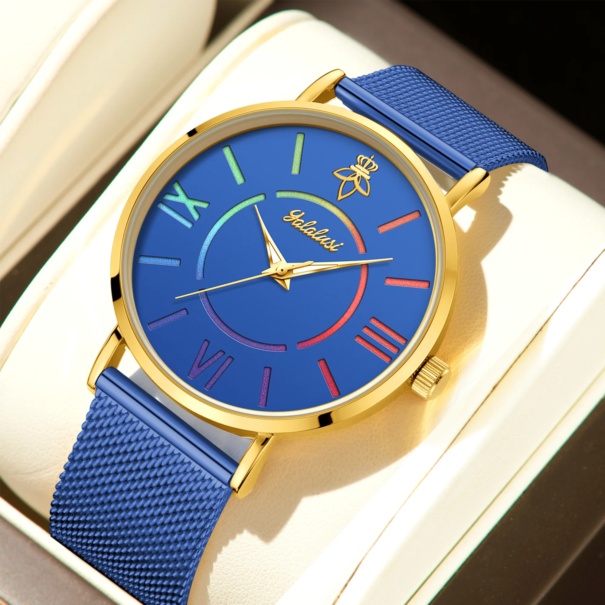 YaLaLuSi Rainbow Roman Numeral Men’s and Women’s Watches with Steel Straps – Quartz Wristwatches – Couples’ Watches – Gifts
