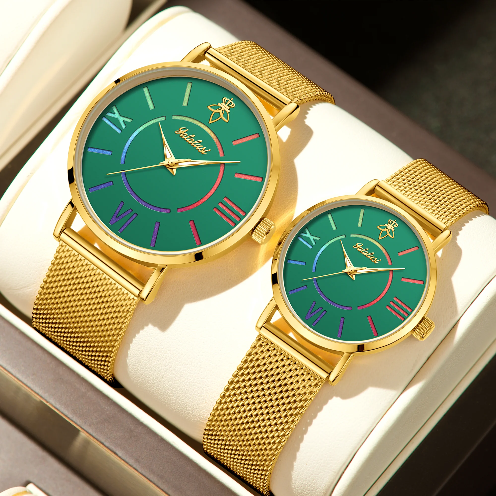 YaLaLuSi Rainbow Roman Numeral Men’s and Women’s Watches with Steel Straps – Quartz Wristwatches – Couples’ Watches – Gifts