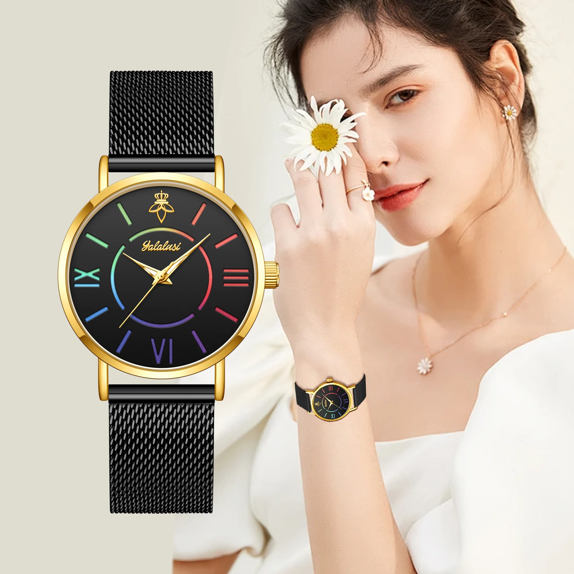 YaLaLuSi Rainbow Roman Numeral Men’s and Women’s Watches with Steel Straps – Quartz Wristwatches – Couples’ Watches – Gifts