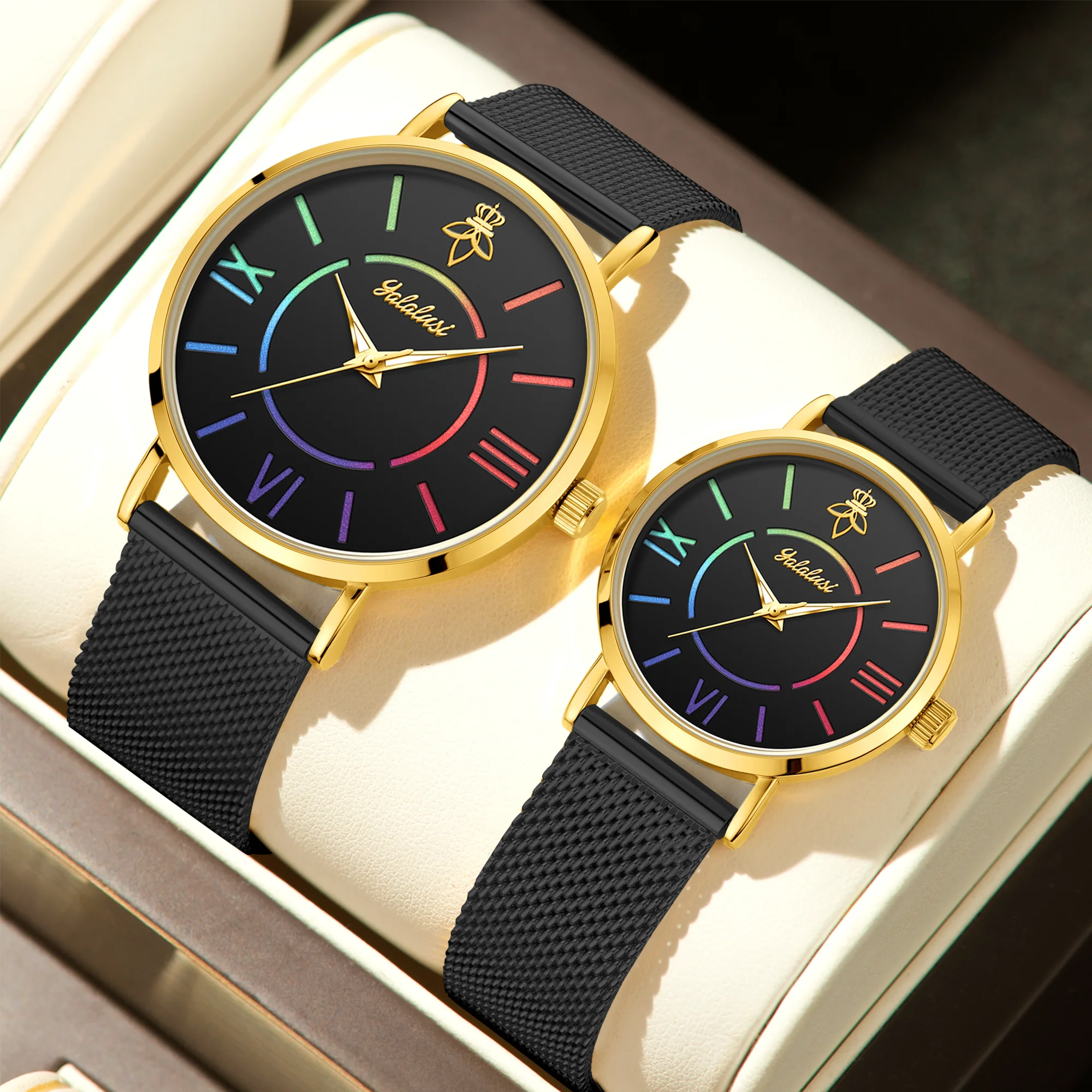 YaLaLuSi Rainbow Roman Numeral Men’s and Women’s Watches with Steel Straps – Quartz Wristwatches – Couples’ Watches – Gifts