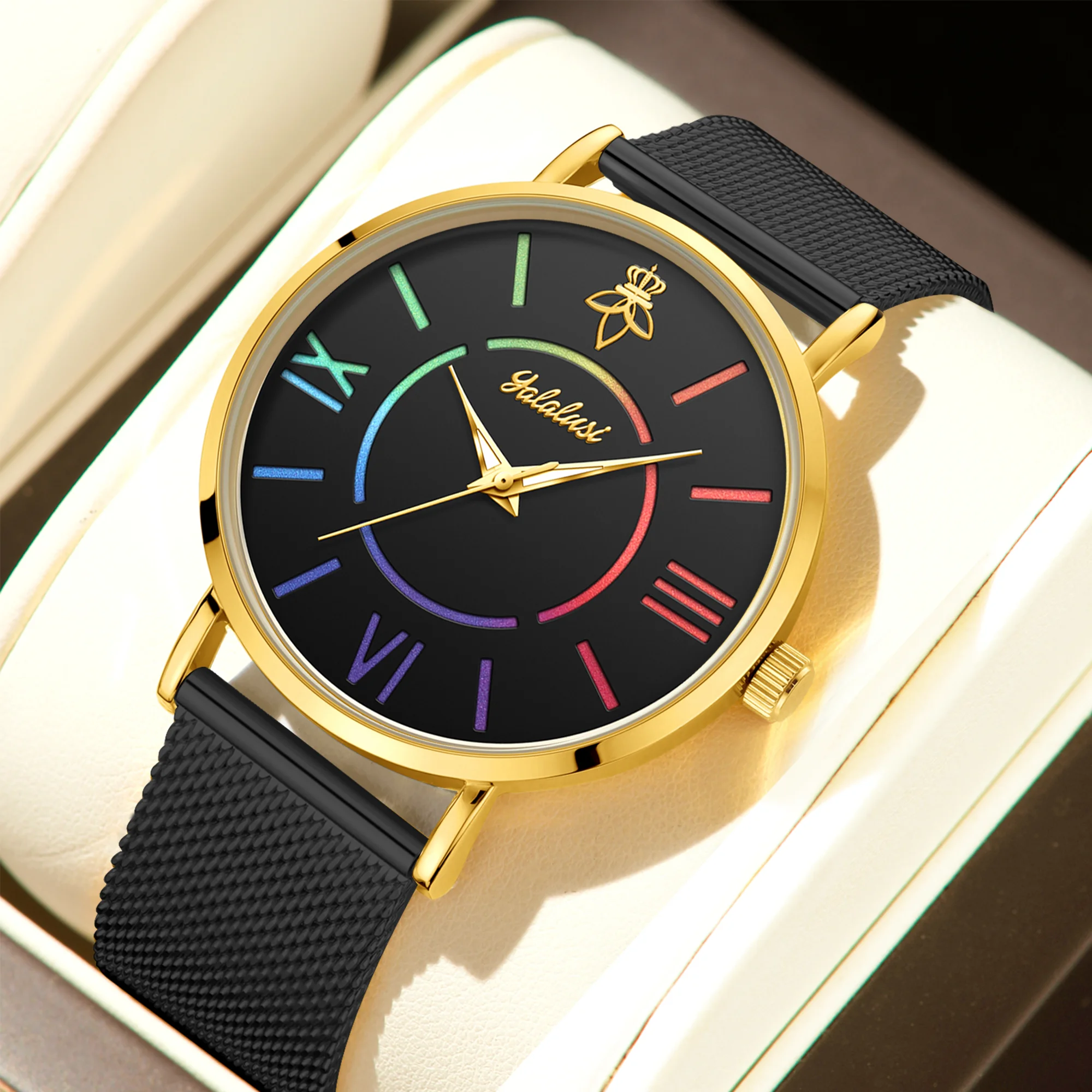YaLaLuSi Rainbow Roman Numeral Men’s and Women’s Watches with Steel Straps – Quartz Wristwatches – Couples’ Watches – Gifts