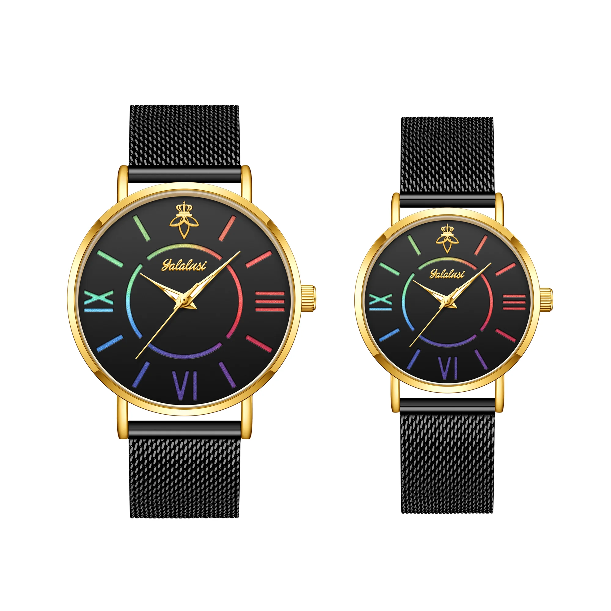 YaLaLuSi Rainbow Roman Numeral Men’s and Women’s Watches with Steel Straps – Quartz Wristwatches – Couples’ Watches – Gifts
