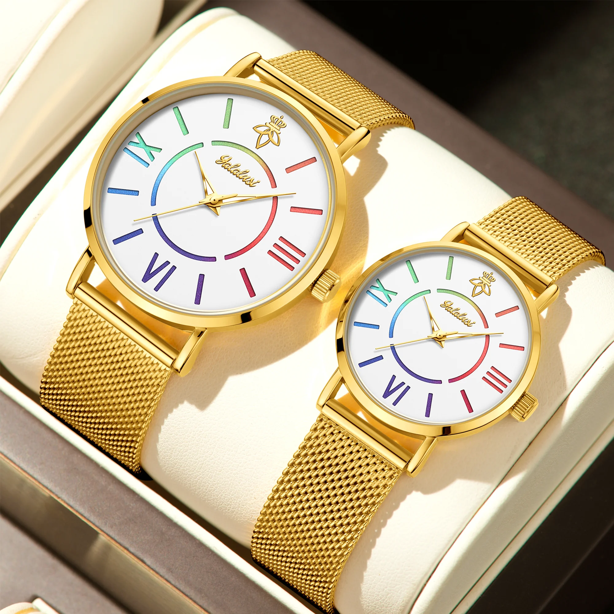 YaLaLuSi Rainbow Roman Numeral Men’s and Women’s Watches with Steel Straps – Quartz Wristwatches – Couples’ Watches – Gifts