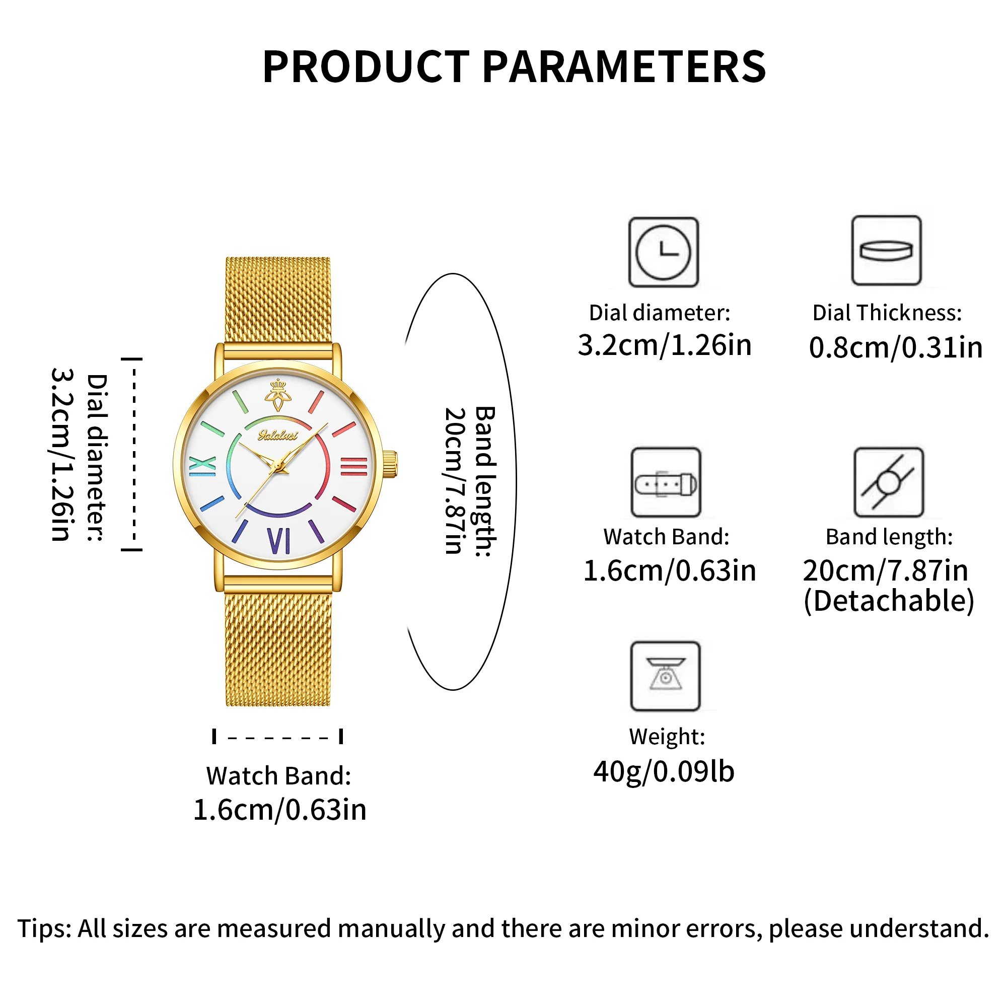 YaLaLuSi Rainbow Roman Numeral Men’s and Women’s Watches with Steel Straps – Quartz Wristwatches – Couples’ Watches – Gifts