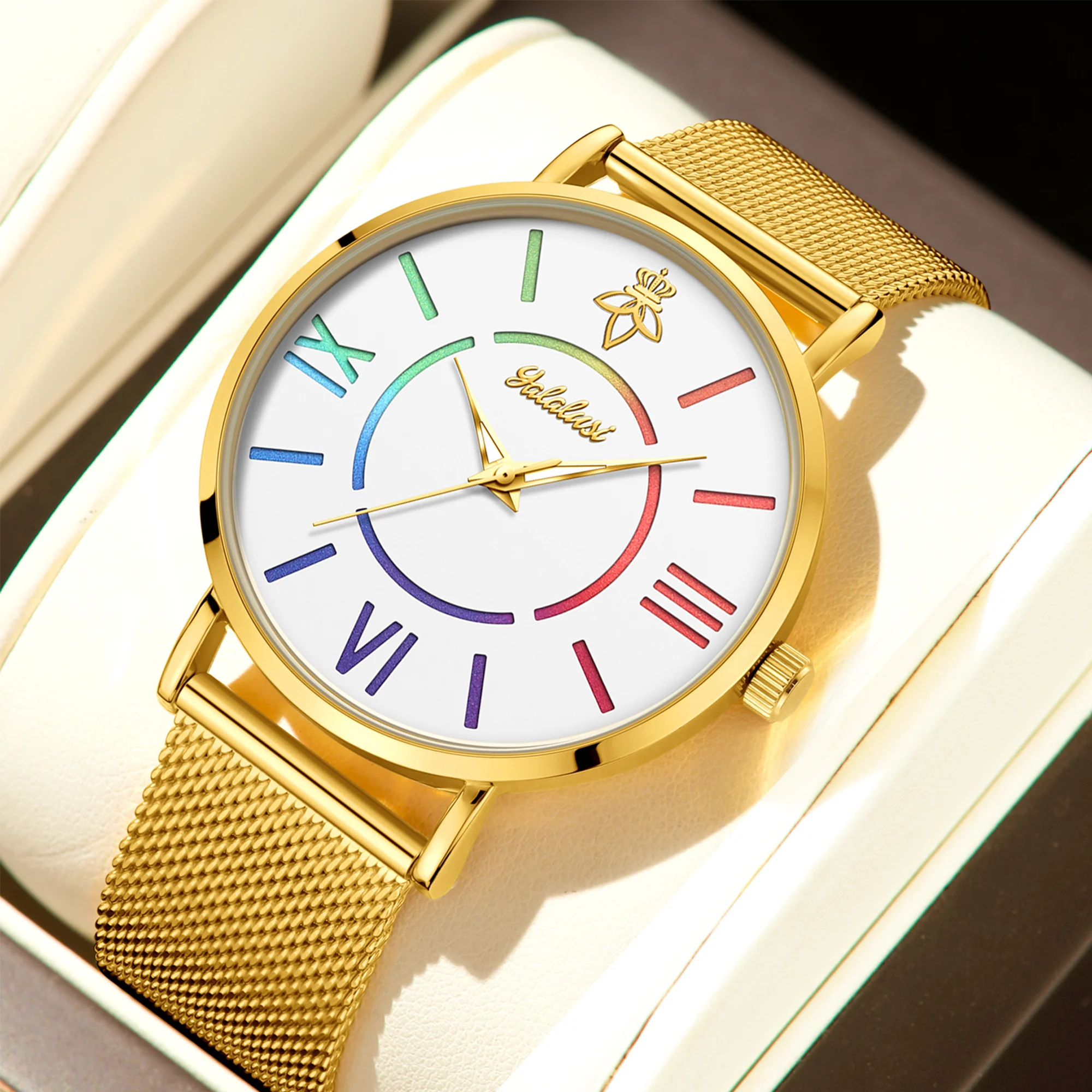 YaLaLuSi Rainbow Roman Numeral Men’s and Women’s Watches with Steel Straps – Quartz Wristwatches – Couples’ Watches – Gifts