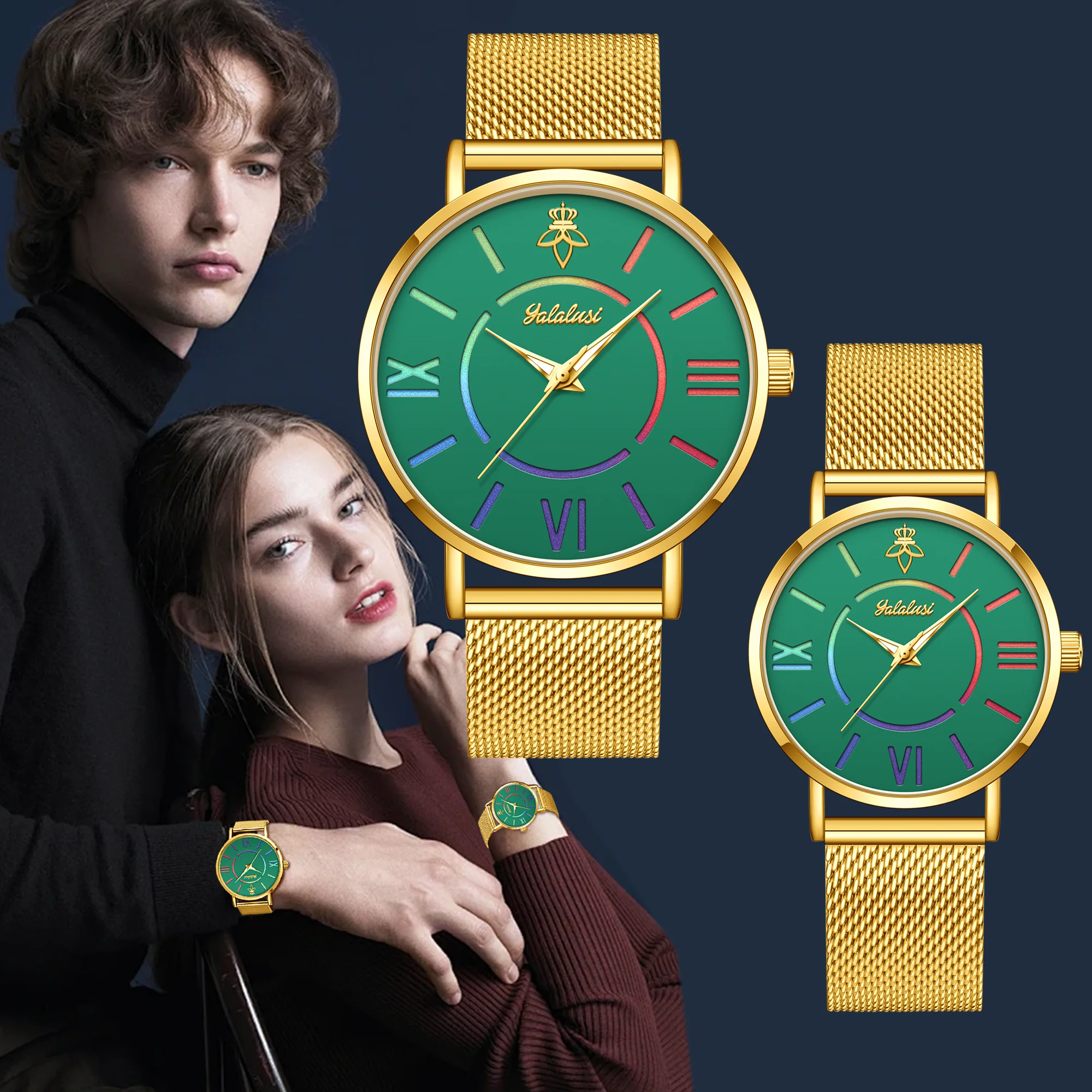 YaLaLuSi Rainbow Roman Numeral Men’s and Women’s Watches with Steel Straps – Quartz Wristwatches – Couples’ Watches – Gifts