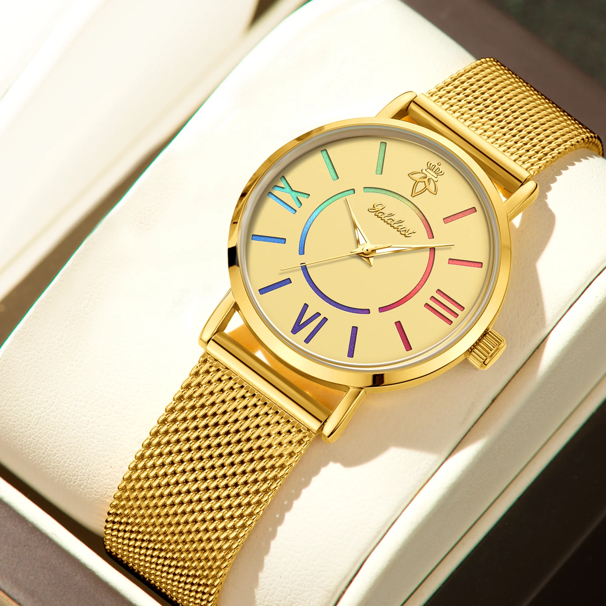 YaLaLuSi Rainbow Roman Numeral Men’s and Women’s Watches with Steel Straps – Quartz Wristwatches – Couples’ Watches – Gifts