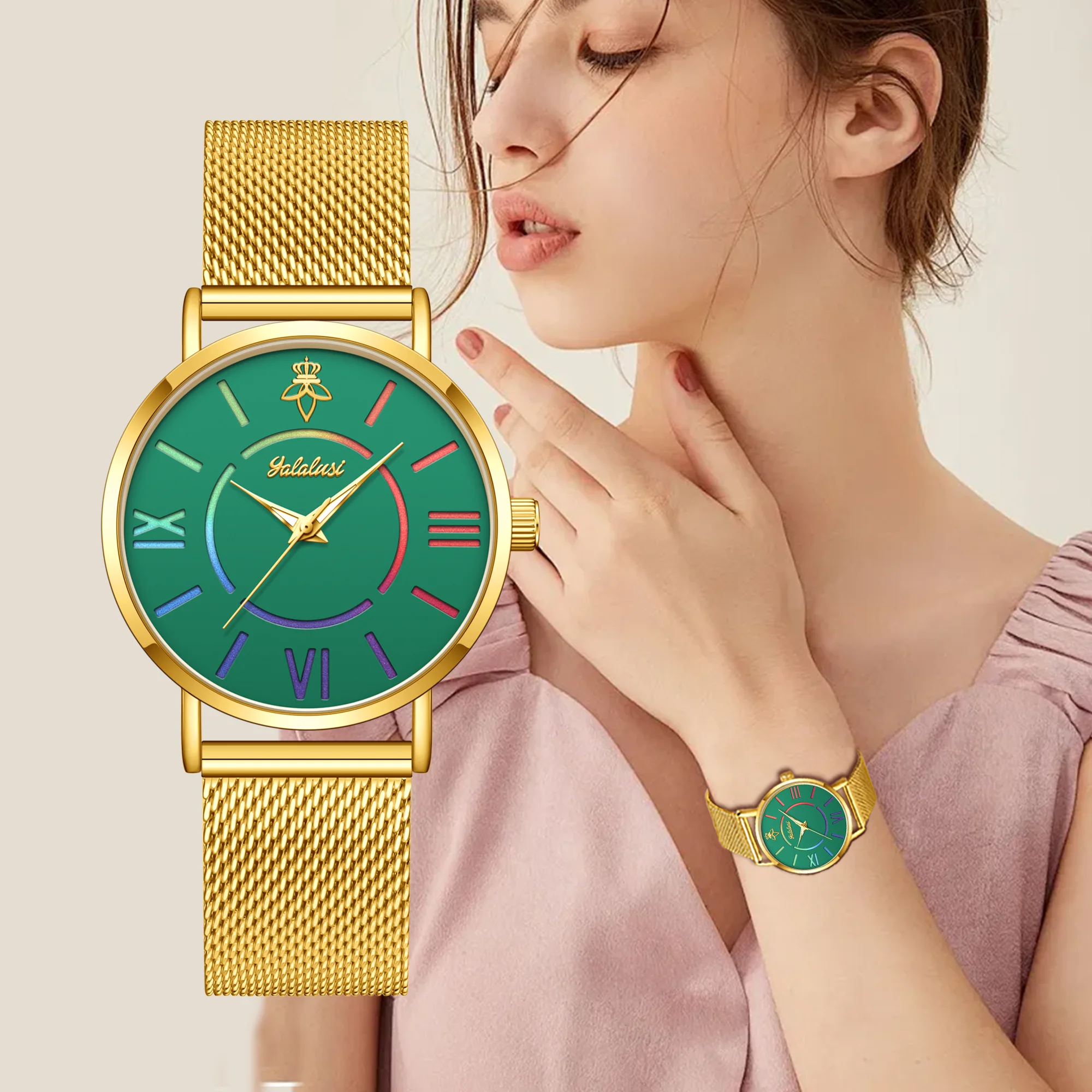 YaLaLuSi Rainbow Roman Numeral Men’s and Women’s Watches with Steel Straps – Quartz Wristwatches – Couples’ Watches – Gifts