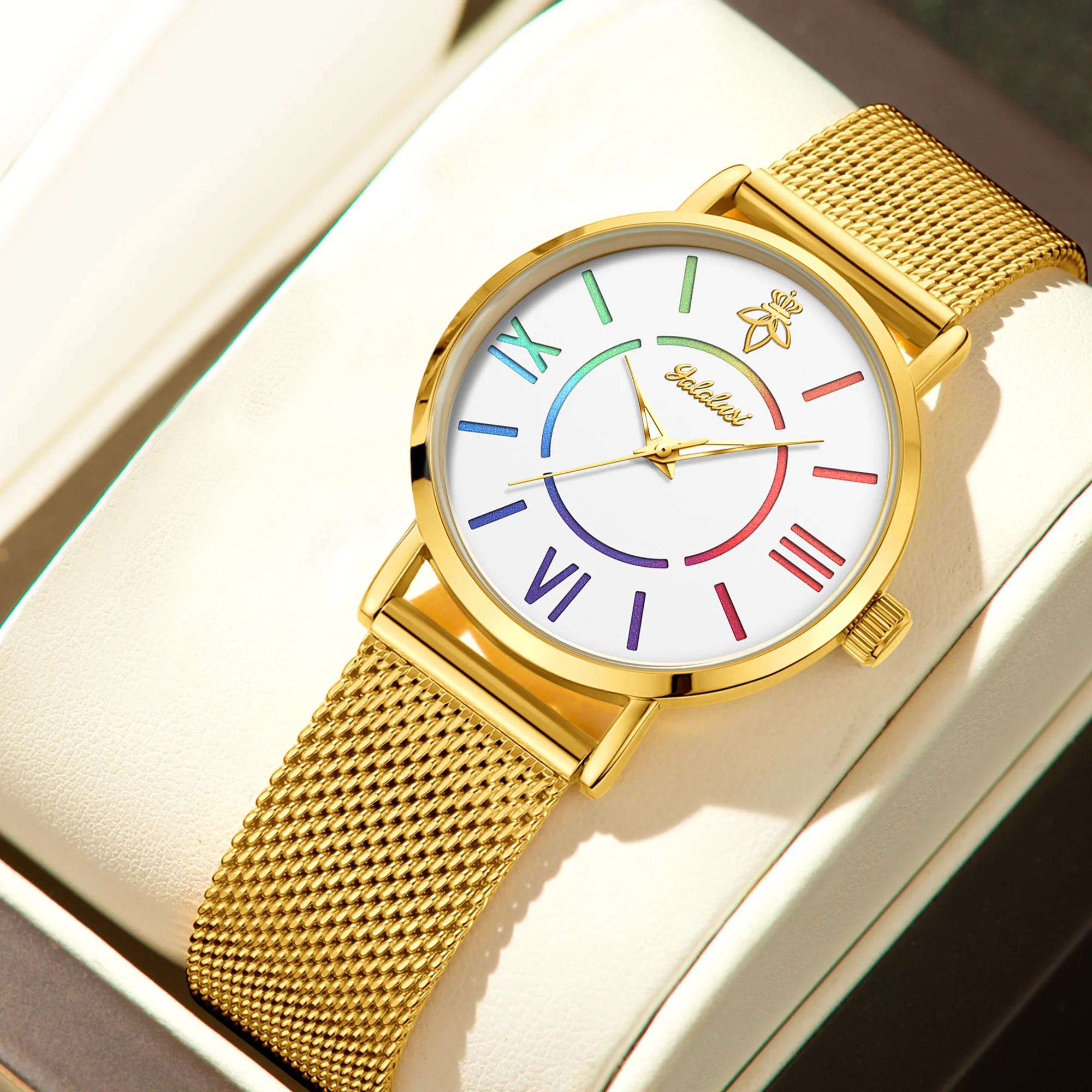 YaLaLuSi Rainbow Roman Numeral Men’s and Women’s Watches with Steel Straps – Quartz Wristwatches – Couples’ Watches – Gifts