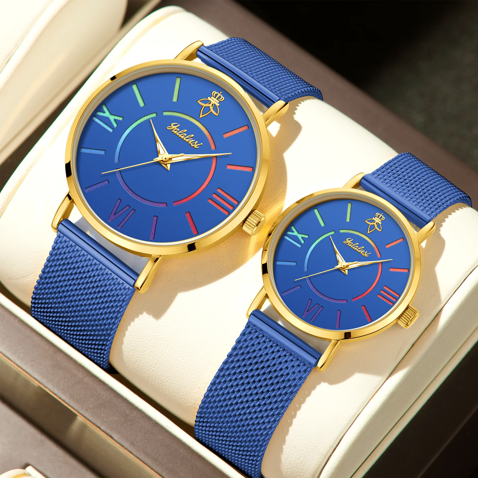 YaLaLuSi Rainbow Roman Numeral Men’s and Women’s Watches with Steel Straps – Quartz Wristwatches – Couples’ Watches – Gifts