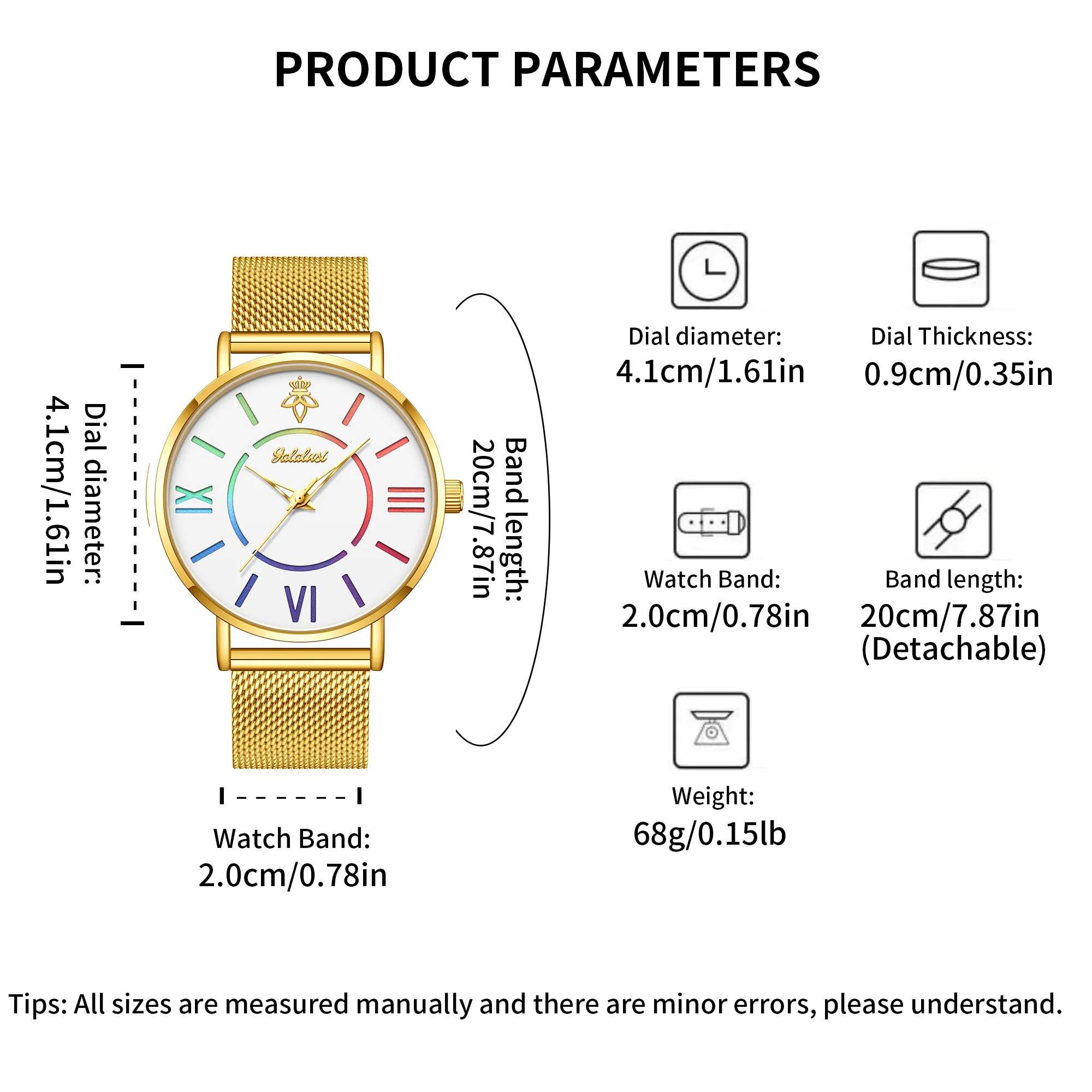 YaLaLuSi Rainbow Roman Numeral Men’s and Women’s Watches with Steel Straps – Quartz Wristwatches – Couples’ Watches – Gifts
