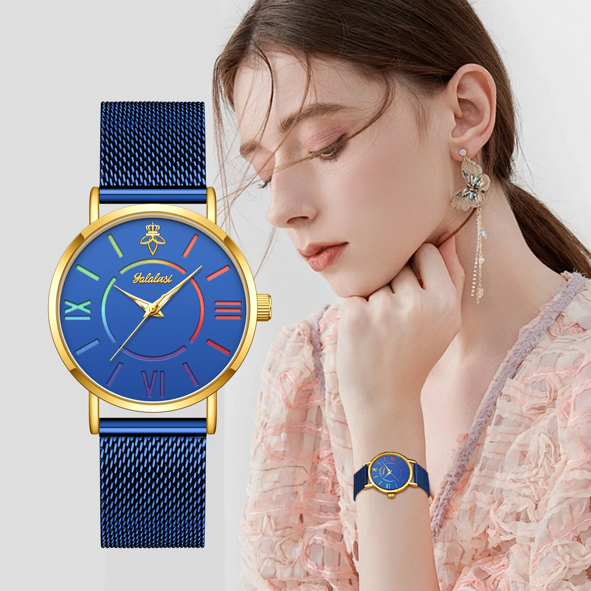 YaLaLuSi Rainbow Roman Numeral Men’s and Women’s Watches with Steel Straps – Quartz Wristwatches – Couples’ Watches – Gifts