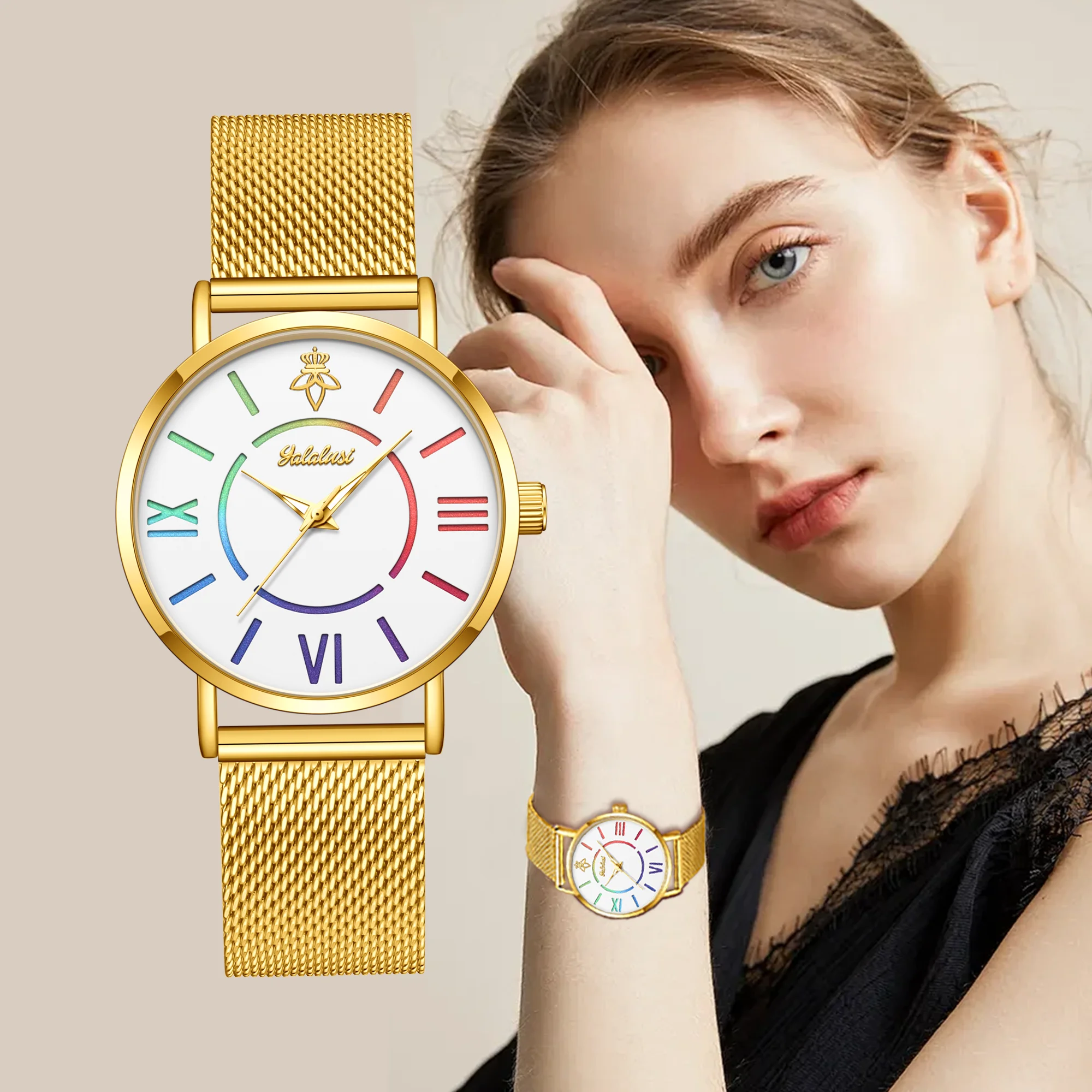 YaLaLuSi Rainbow Roman Numeral Men’s and Women’s Watches with Steel Straps – Quartz Wristwatches – Couples’ Watches – Gifts