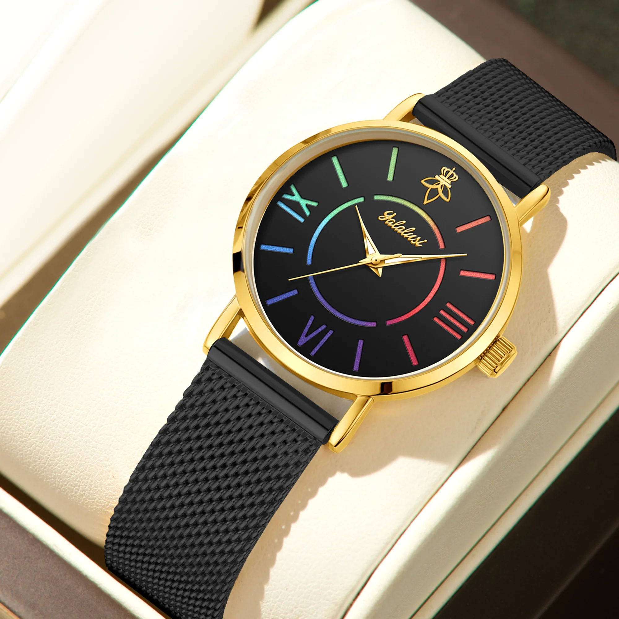 YaLaLuSi Rainbow Roman Numeral Men’s and Women’s Watches with Steel Straps – Quartz Wristwatches – Couples’ Watches – Gifts