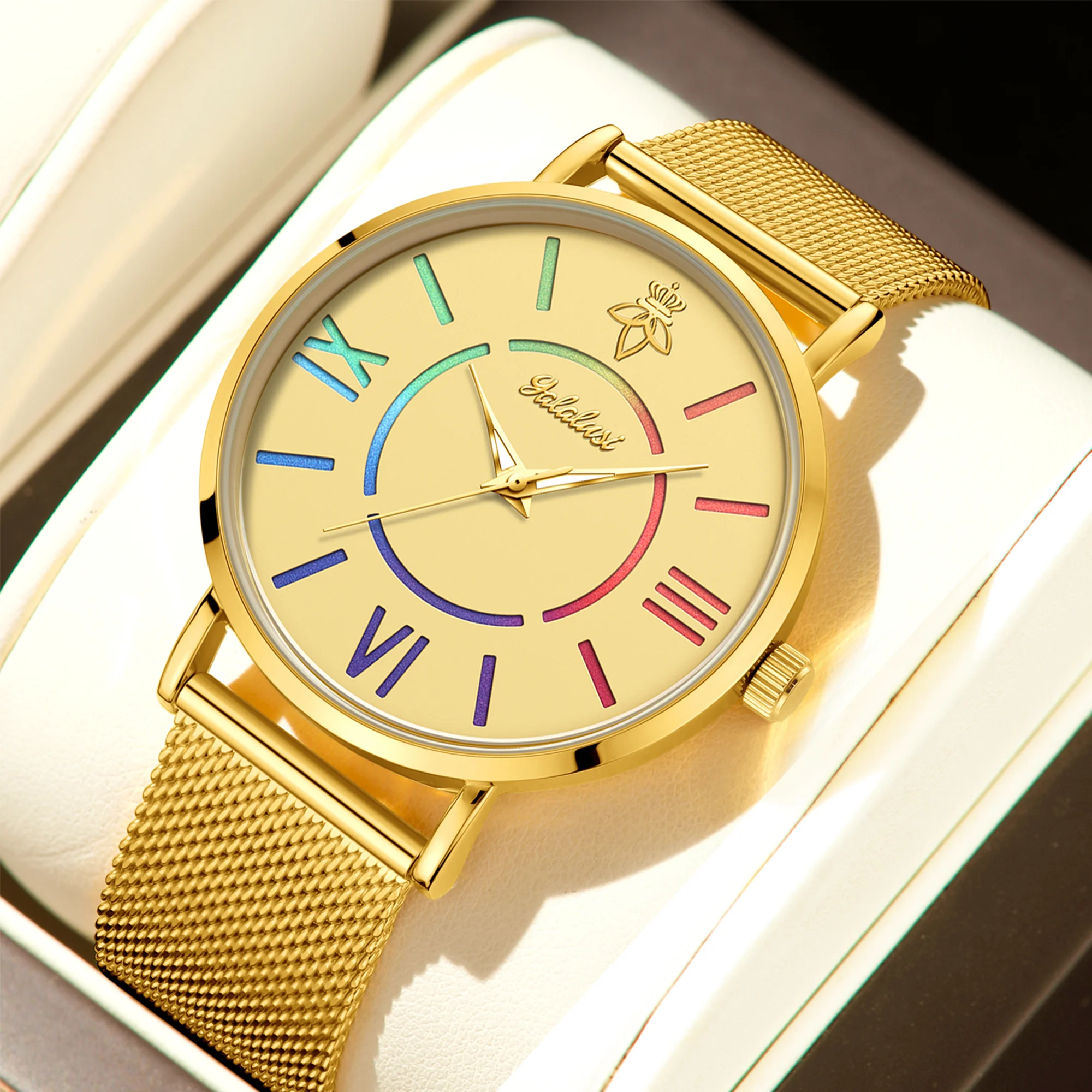 YaLaLuSi Rainbow Roman Numeral Men’s and Women’s Watches with Steel Straps – Quartz Wristwatches – Couples’ Watches – Gifts