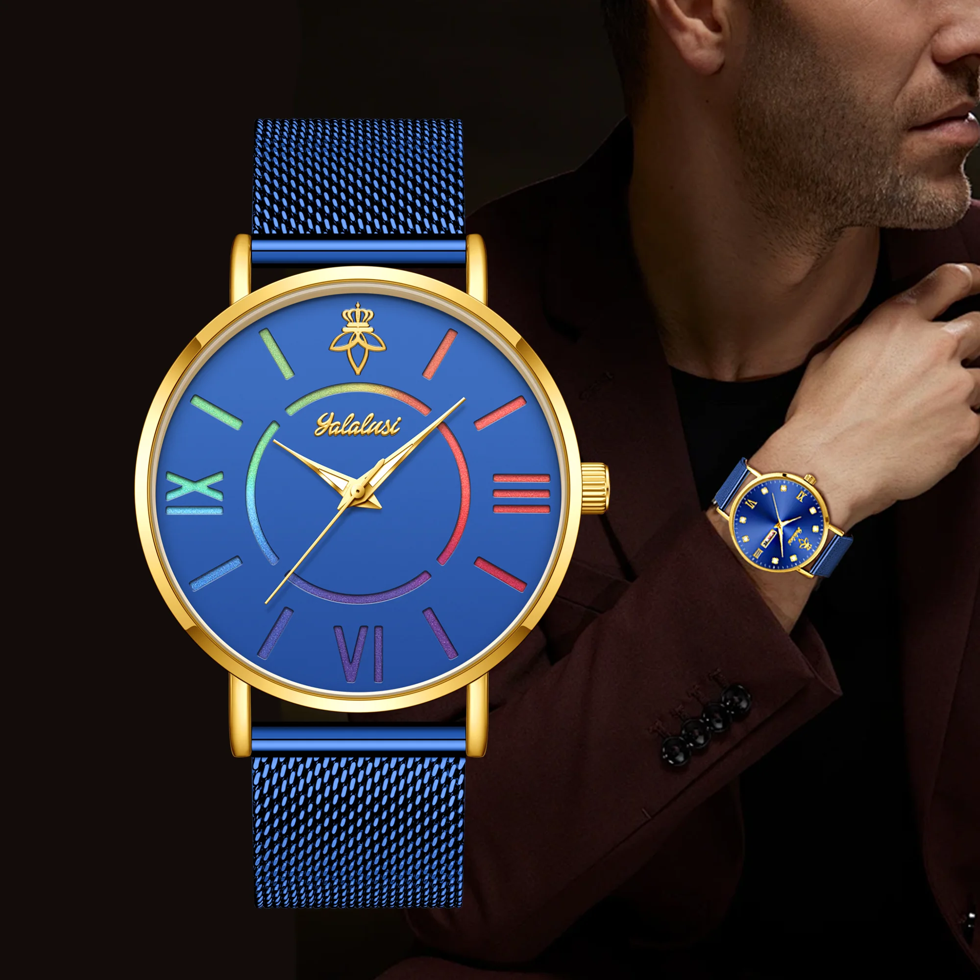 YaLaLuSi Rainbow Roman Numeral Men’s and Women’s Watches with Steel Straps – Quartz Wristwatches – Couples’ Watches – Gifts