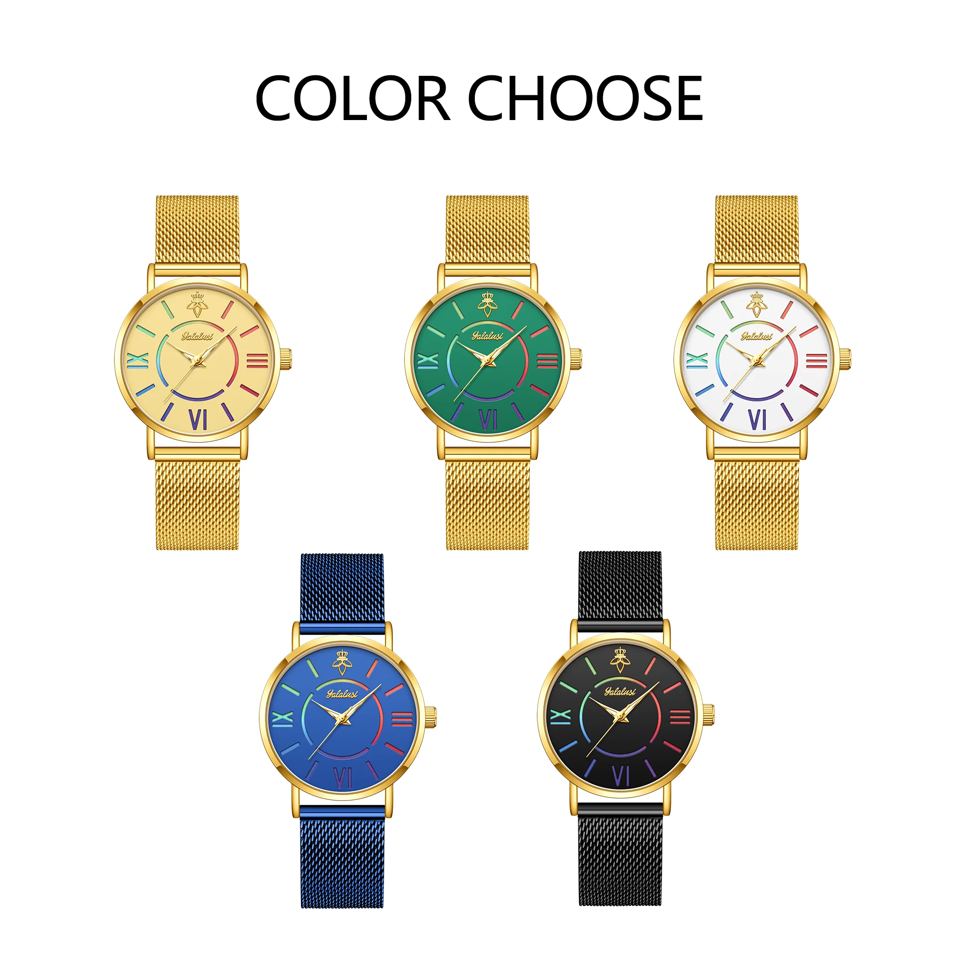 YaLaLuSi Rainbow Roman Numeral Men’s and Women’s Watches with Steel Straps – Quartz Wristwatches – Couples’ Watches – Gifts
