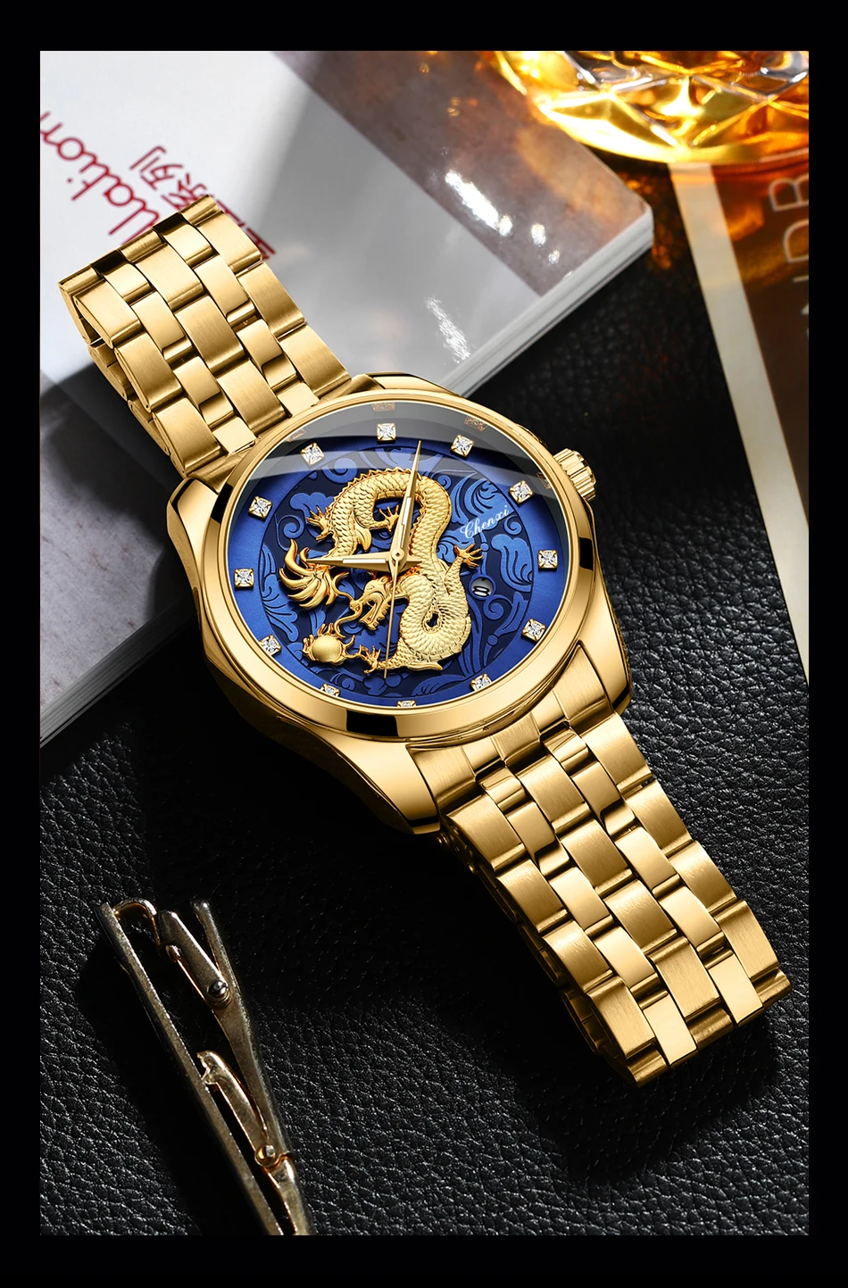 CHENXI Mens Business Luxury Full Steel Golden Quartz Watch Top Brand Waterproof Date Luminous Scratch-Proof Fashion Wristwatch