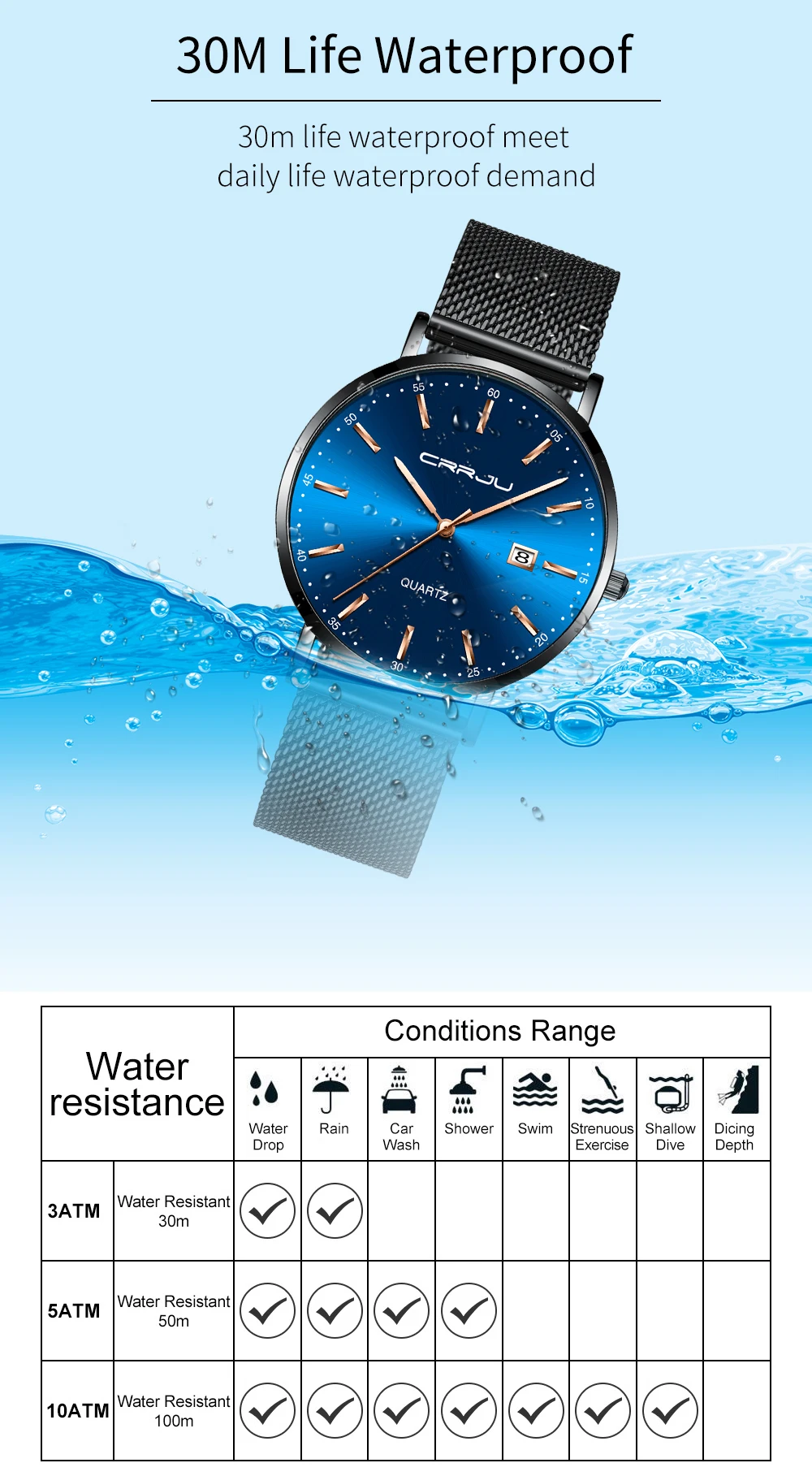 CRRJU Women Watch Fashion Quartz Waterproof Slim Stylish with Date Couple Wristwatch Mesh Strap Clock for Unisex Reloj Hombre