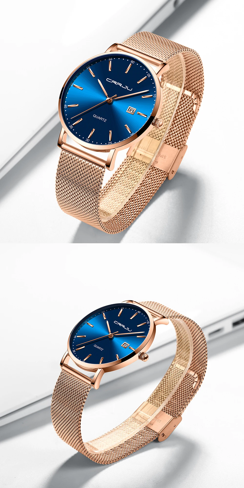 CRRJU Women Watch Fashion Quartz Waterproof Slim Stylish with Date Couple Wristwatch Mesh Strap Clock for Unisex Reloj Hombre