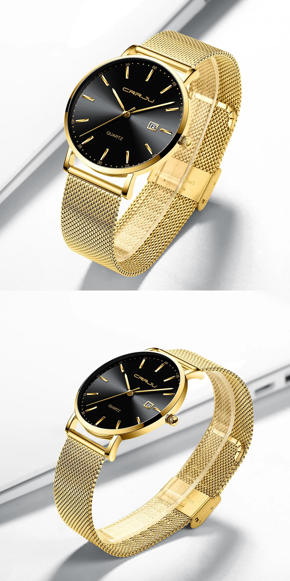 CRRJU Women Watch Fashion Quartz Waterproof Slim Stylish with Date Couple Wristwatch Mesh Strap Clock for Unisex Reloj Hombre