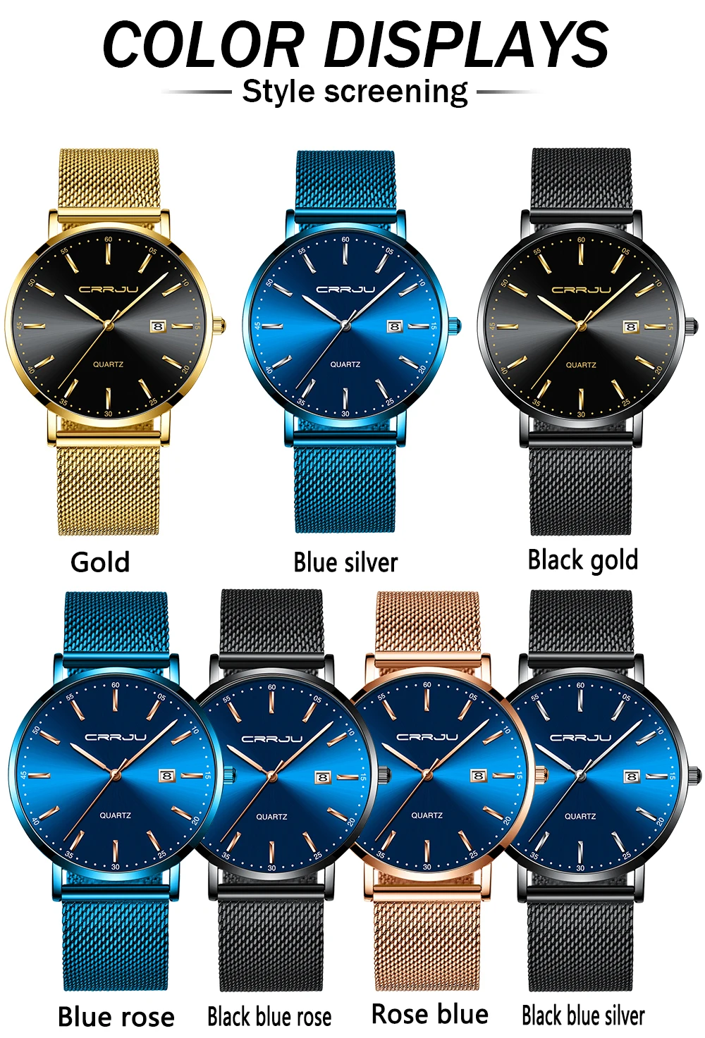 CRRJU Women Watch Fashion Quartz Waterproof Slim Stylish with Date Couple Wristwatch Mesh Strap Clock for Unisex Reloj Hombre