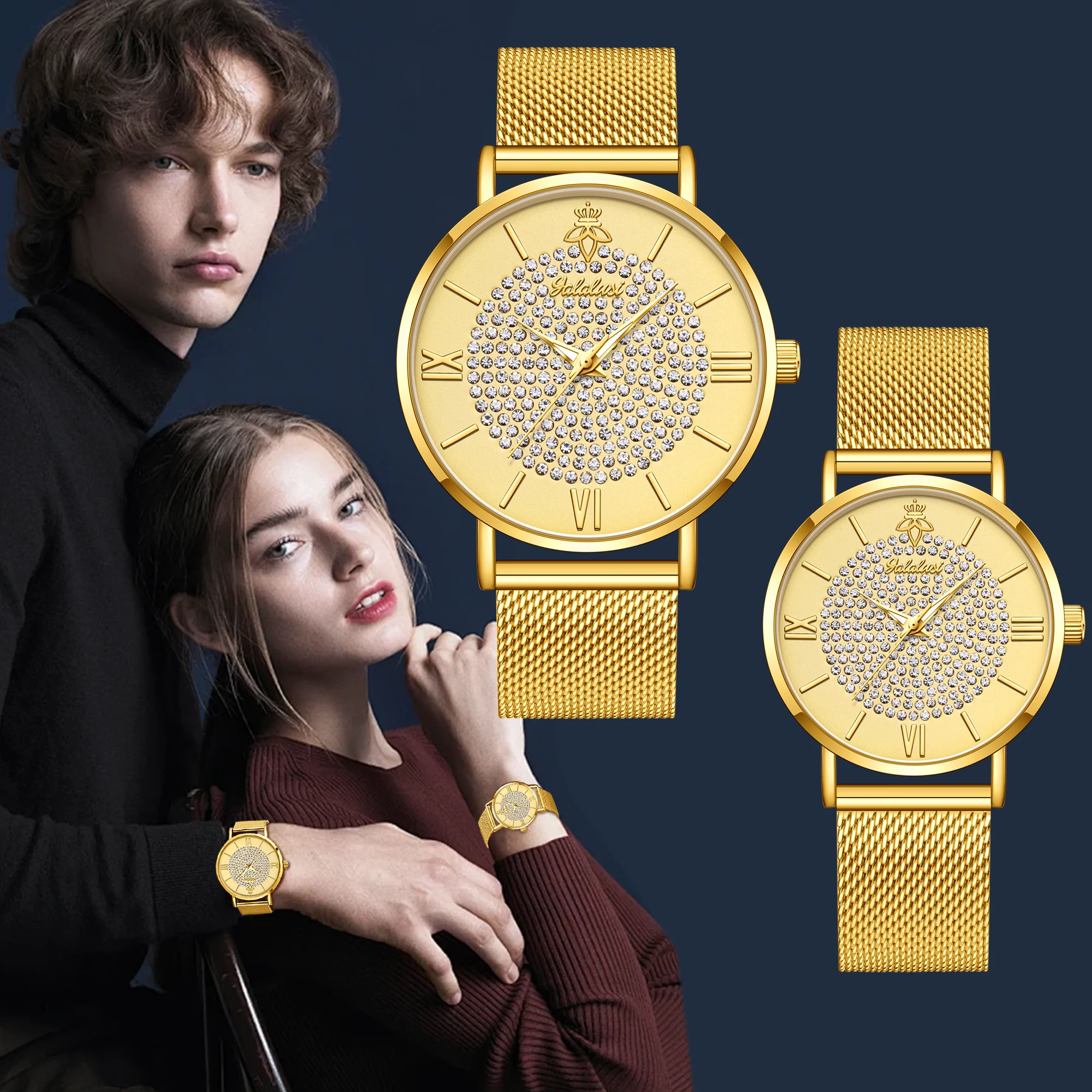 YaLaLuSi Fashionable Diamond-Set Dial Watches for Men and Women; Roman Numeral Mesh Strap Couple’s Watches Reloj