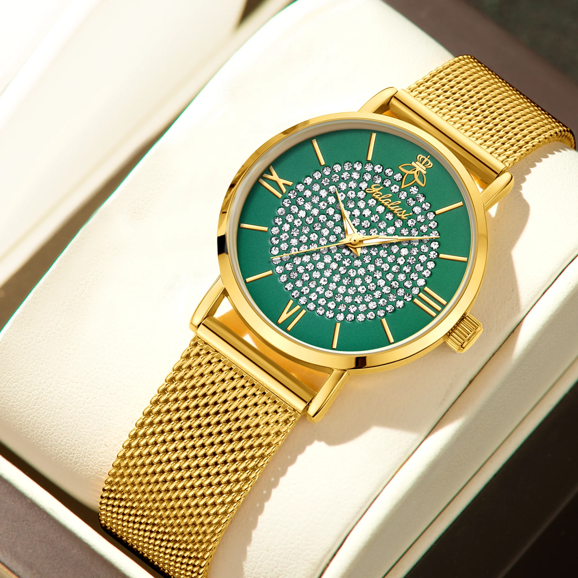 YaLaLuSi Fashionable Diamond-Set Dial Watches for Men and Women; Roman Numeral Mesh Strap Couple’s Watches Reloj